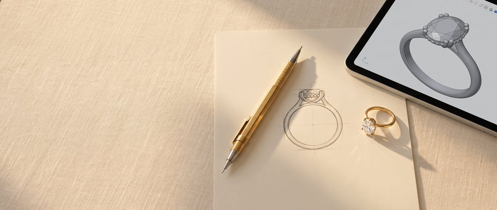 Hand-drawn ring sketch beside a 3D ring render and a finished lab-grown diamond ring