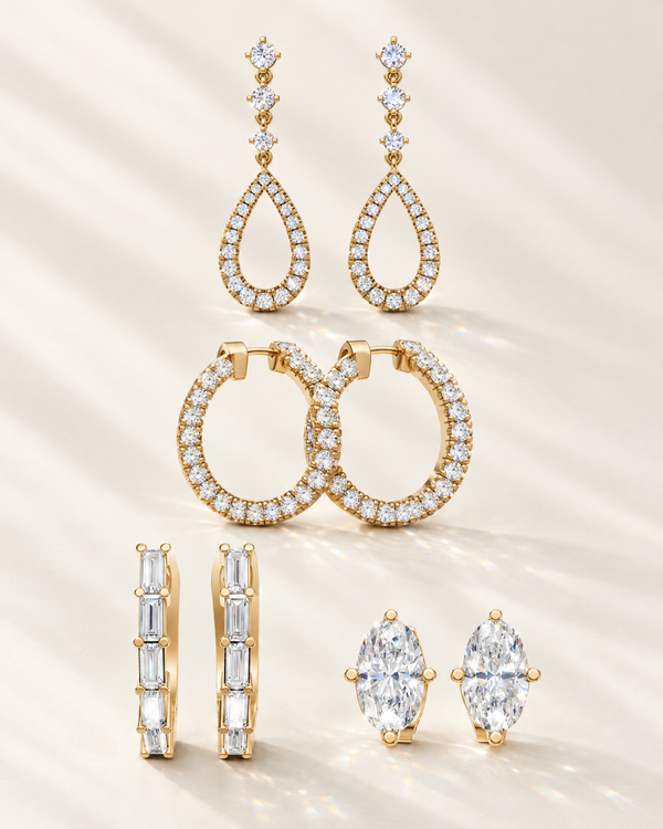 Lab-grown diamond drop earrings, hoops, huggies and studs in 14K yellow gold