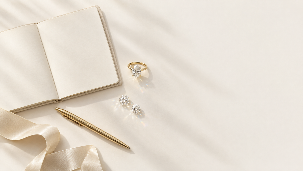 Engagement ring, loose diamonds and an open notebook on cream linen