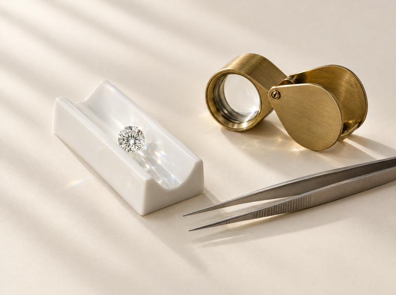 Diamond in a grading tray with a loupe