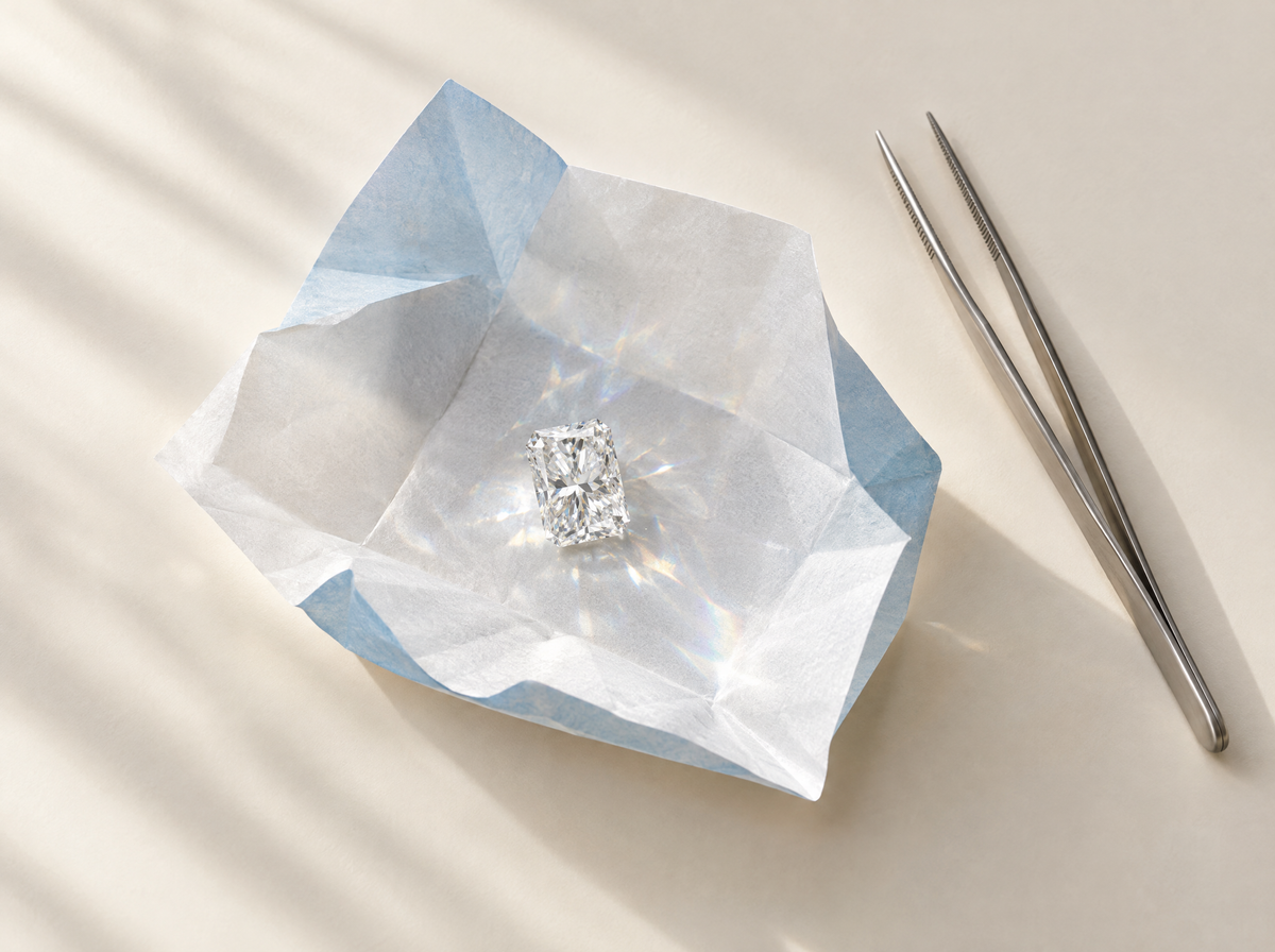 Loose radiant cut diamond on an opened diamond parcel paper