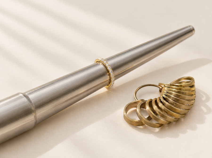 Lab-grown diamond band on a jeweler's ring mandrel beside a set of ring sizers