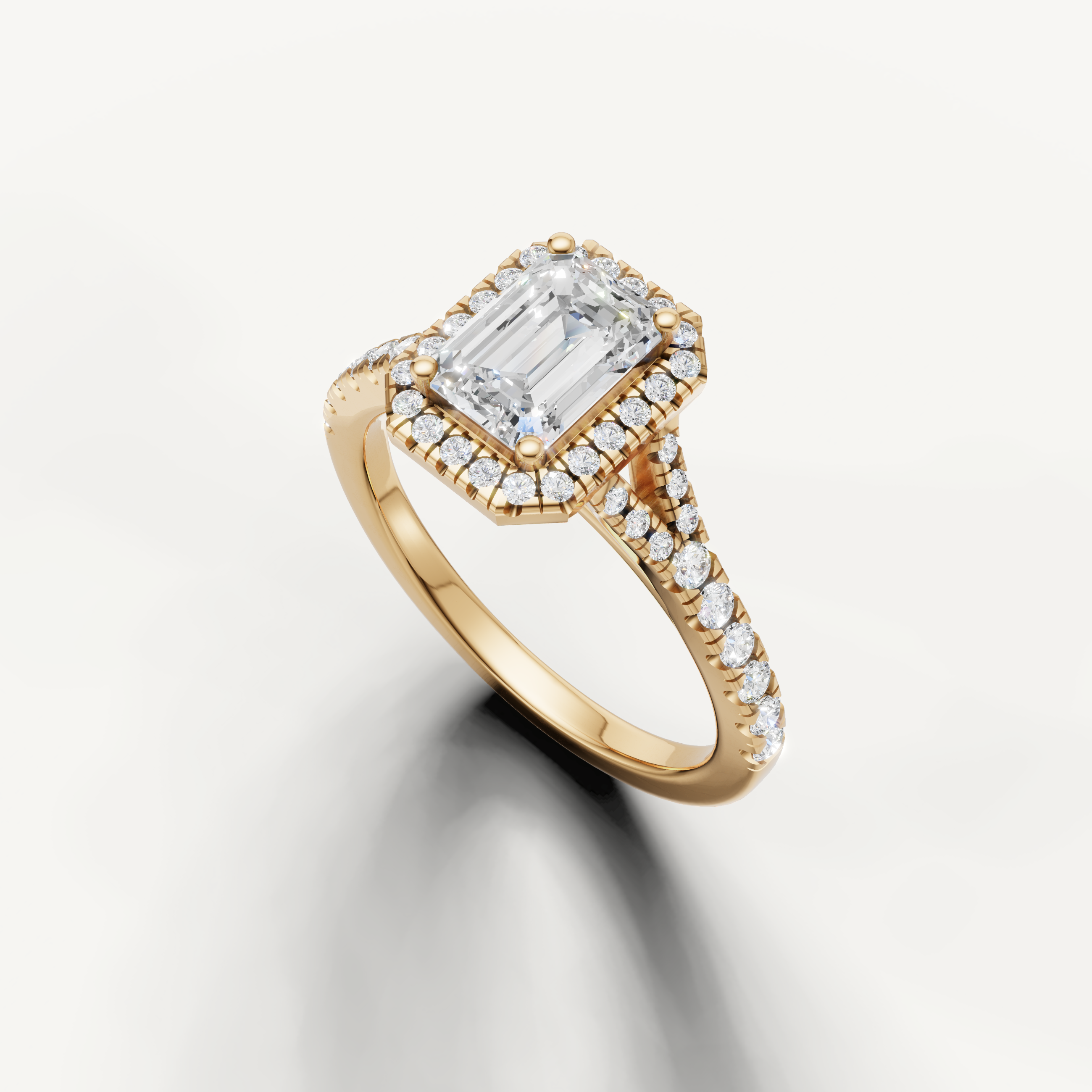 Emerald cut diamond halo ring with pavé band yellow gold vintage style
