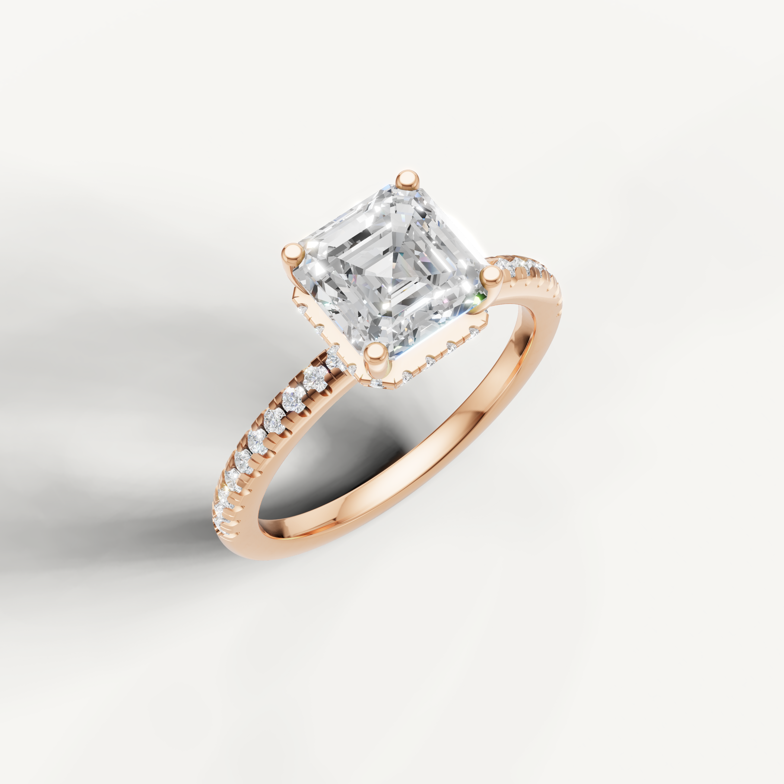 romantic asscher cut lab grown diamond ring with pavé rose gold band