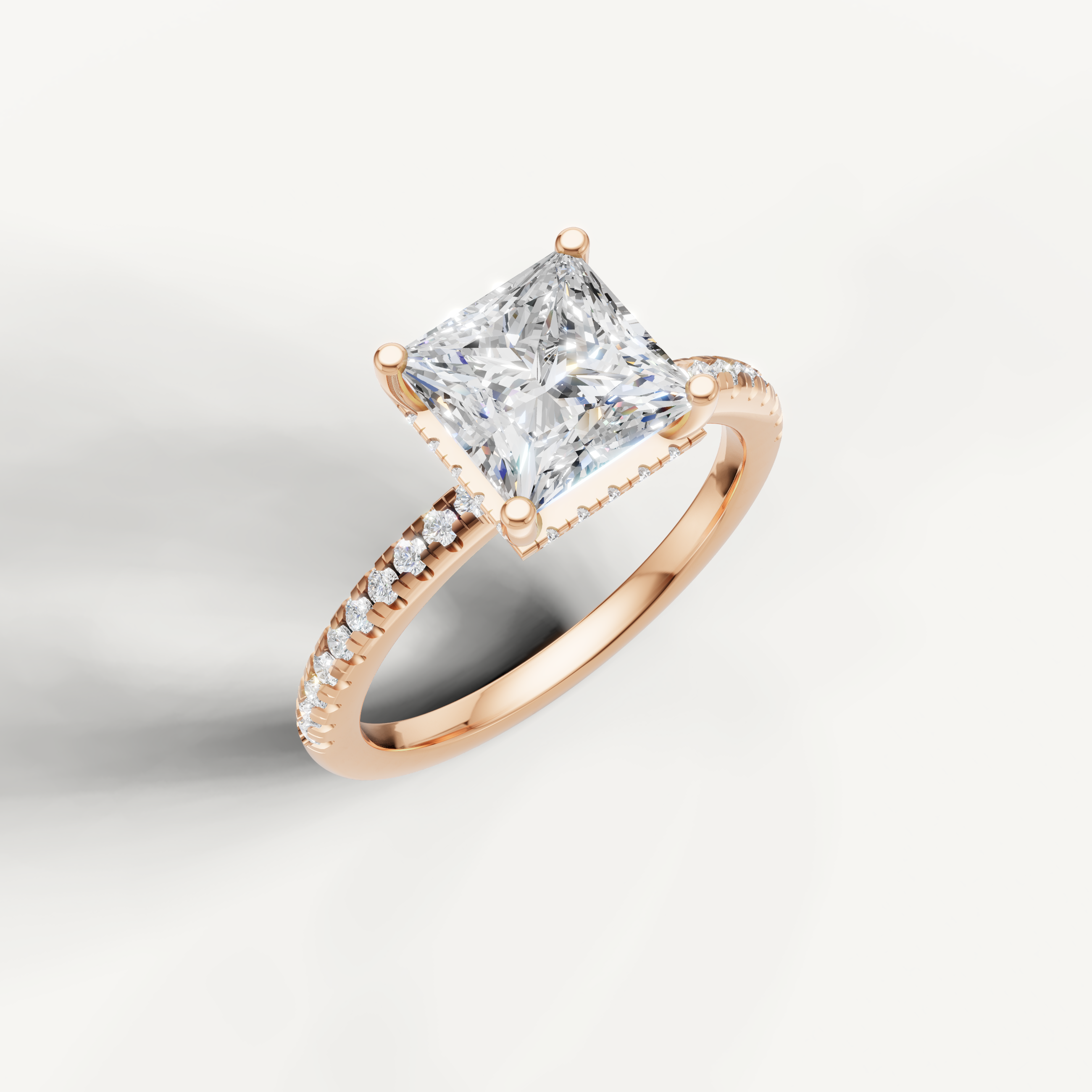 IGI certified princess cut lab diamond solitaire ring with delicate pavé shank rose gold