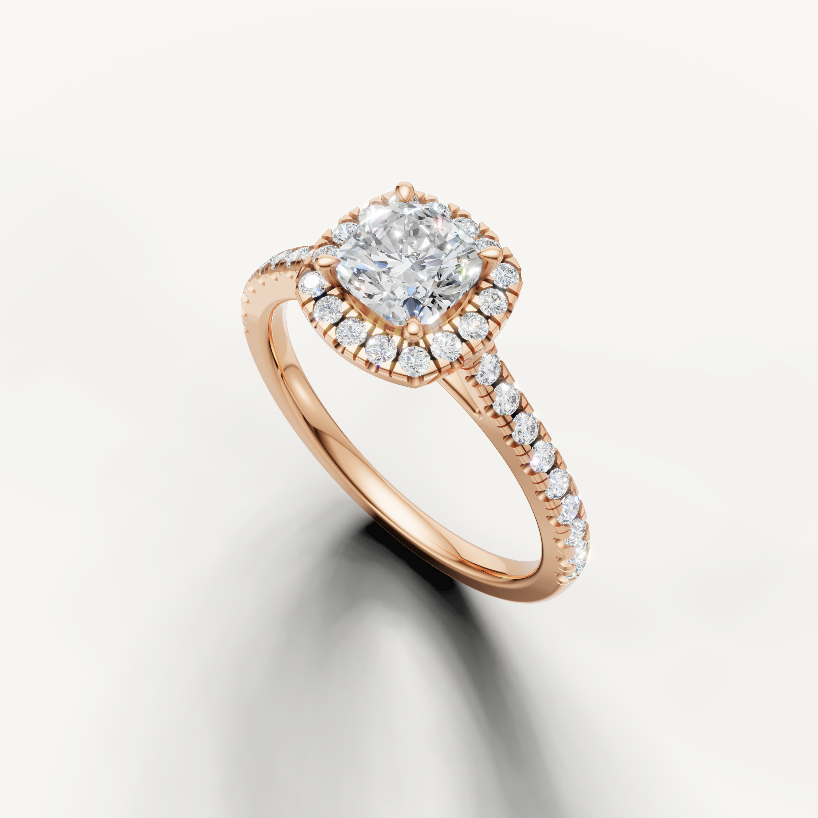 modern cushion cut lab grown diamond engagement ring in polished rose gold