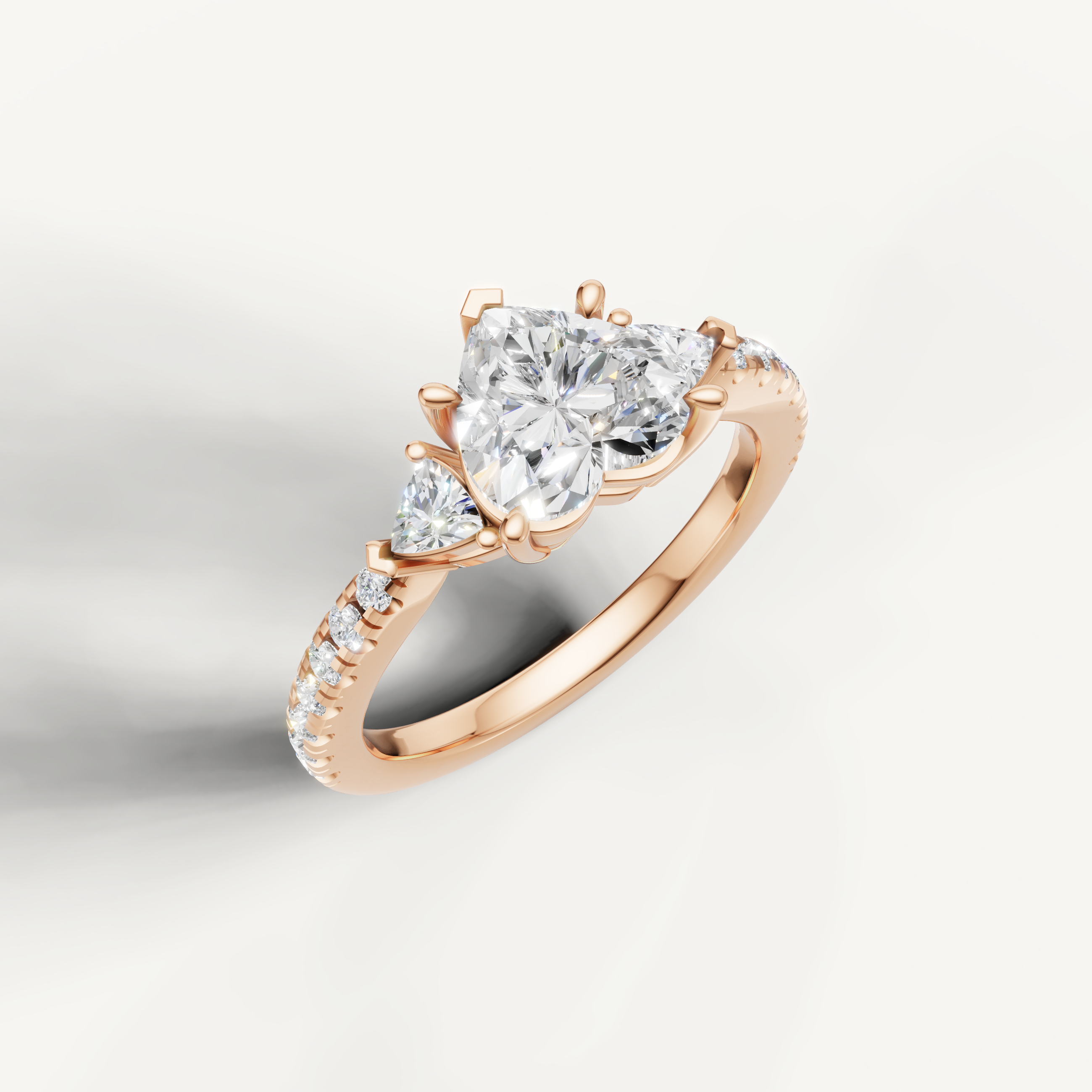 14K rose gold heart shape lab grown diamond ring with tapered side diamonds and pavé setting