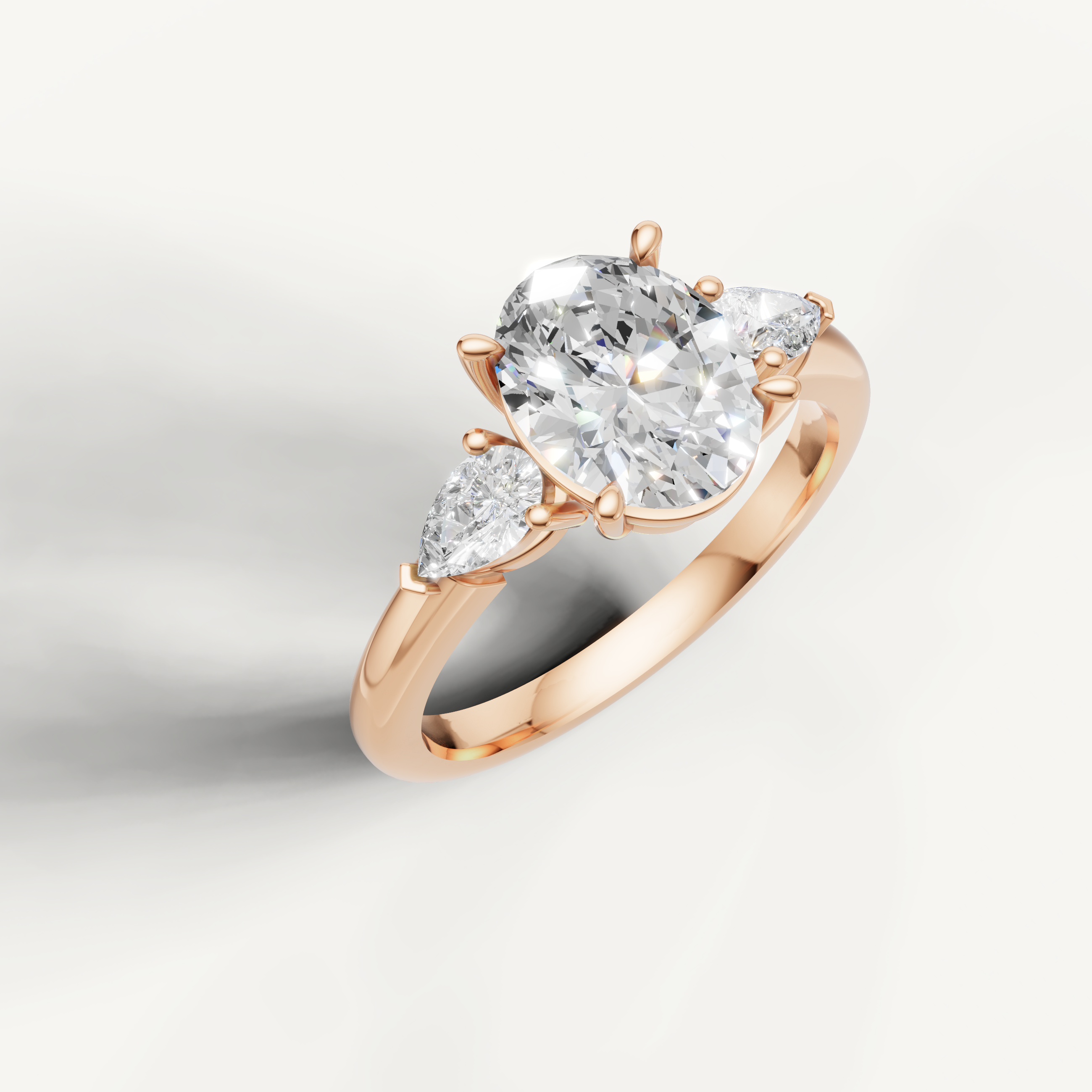 romantic oval cut lab grown diamond trilogy ring with brilliant marquise accents
