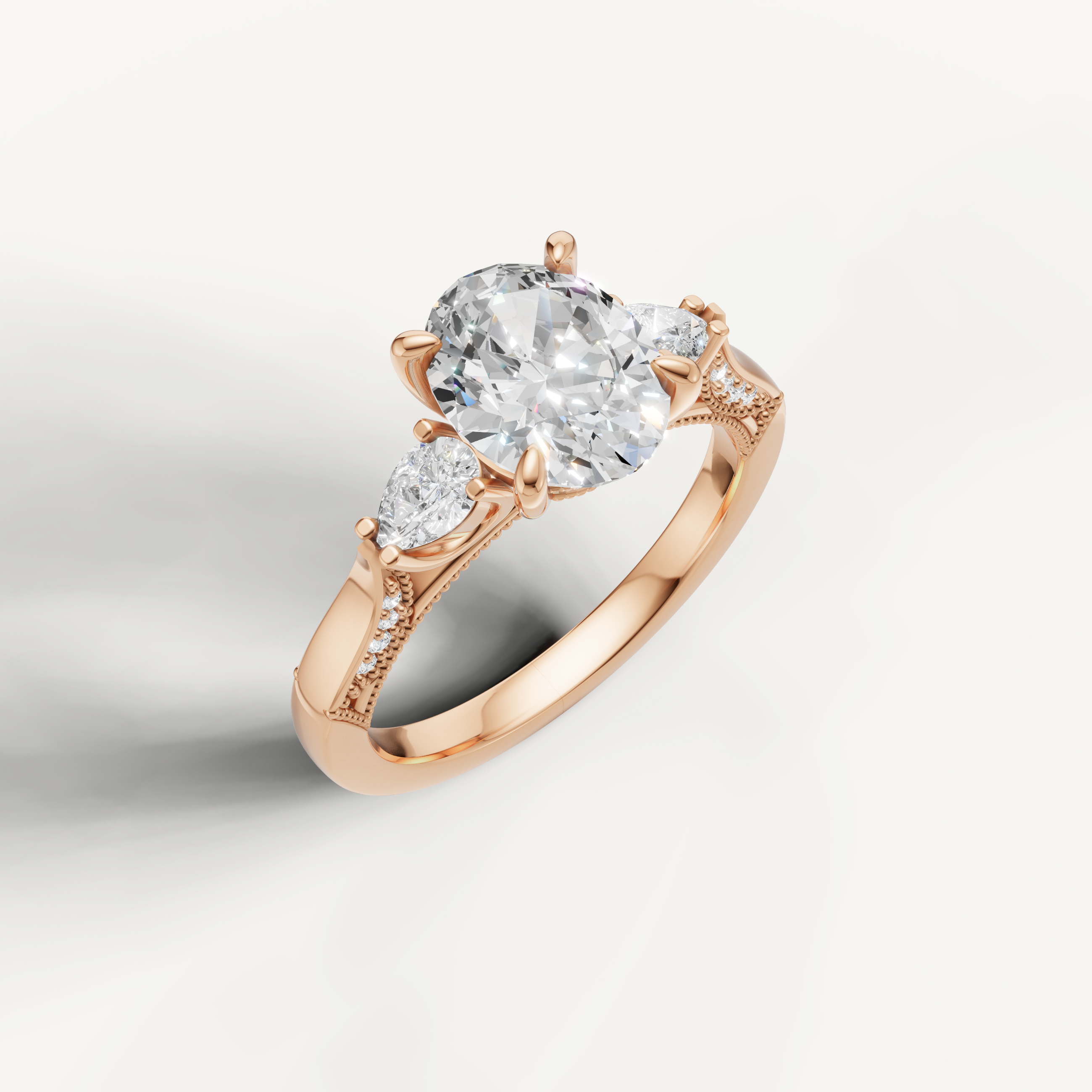 IGI certified oval lab diamond ring with pear accents and split band rose gold