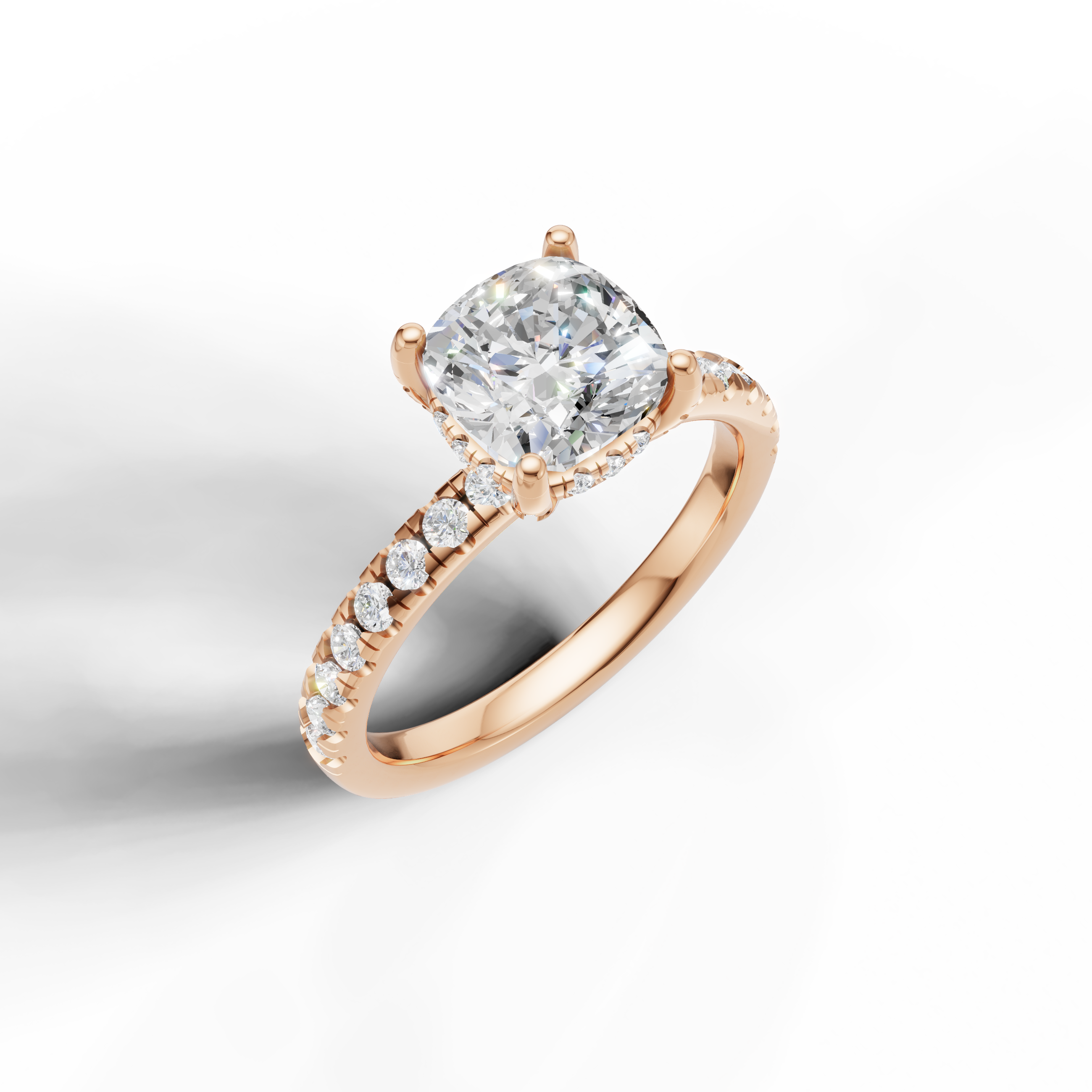 IGI certified cushion lab diamond ring micro pavé band rose gold front view