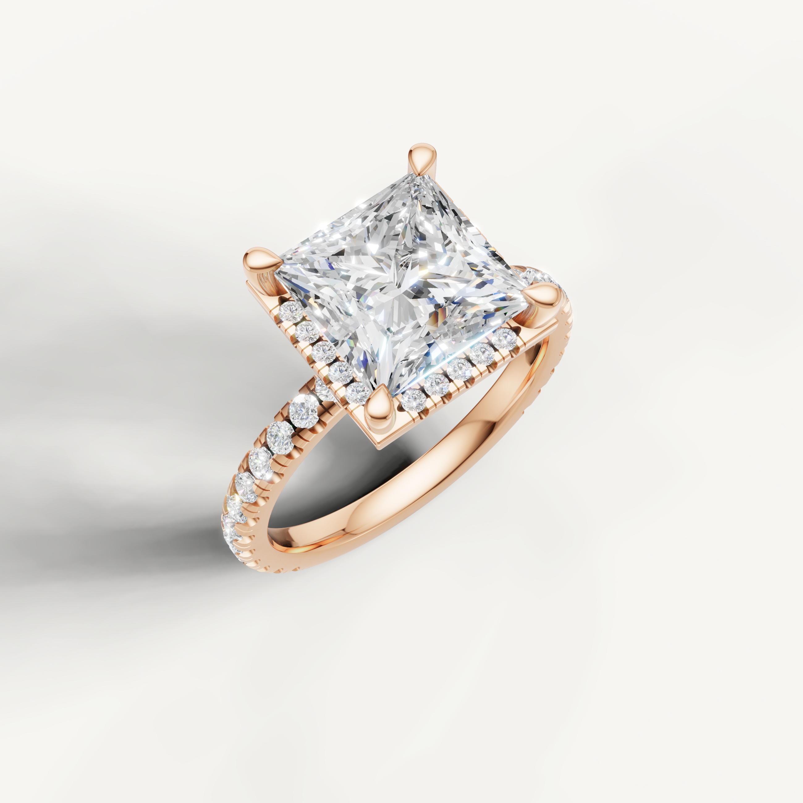 IGI certified princess cut diamond ring with hidden halo pavé band rose gold setting