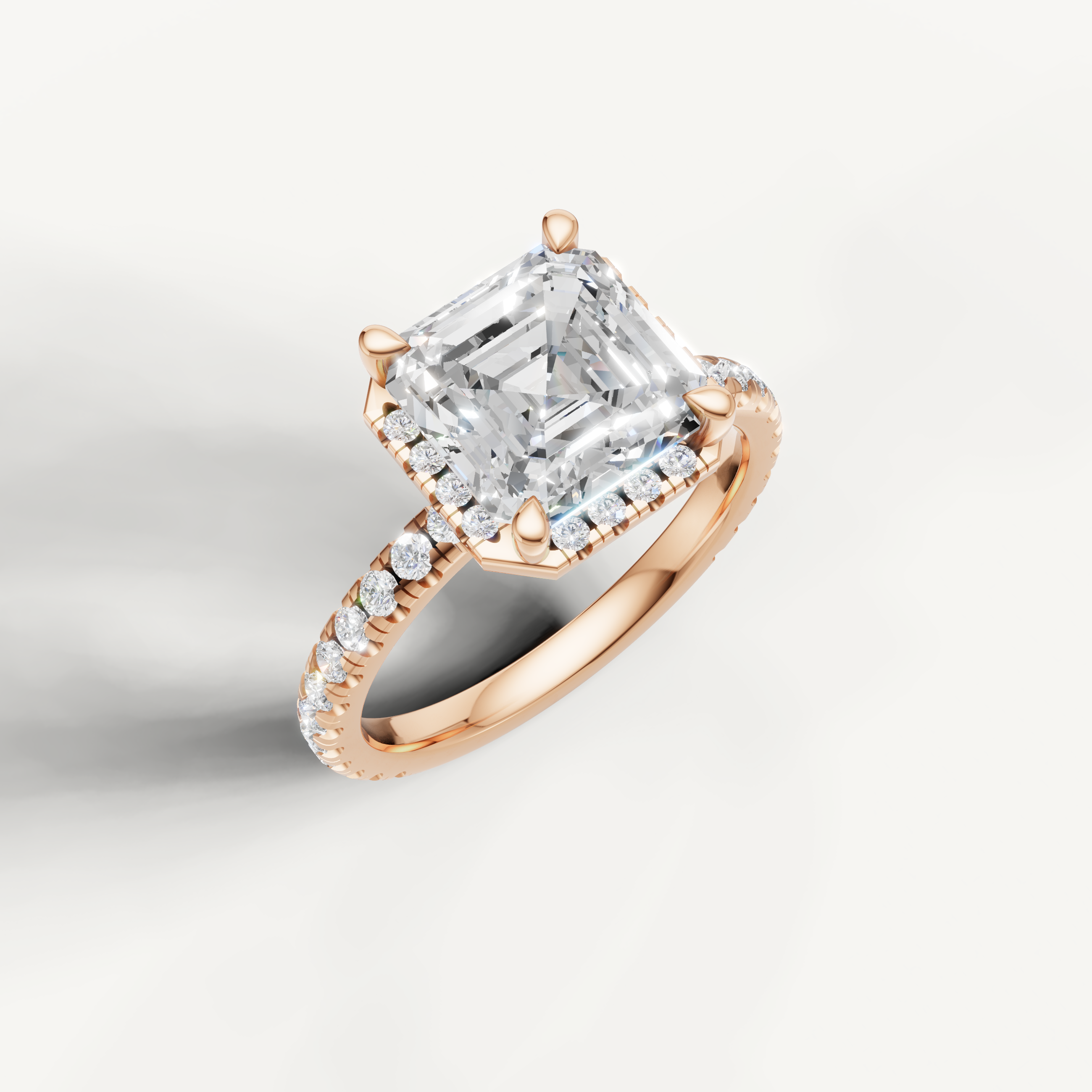IGI certified Asscher cut lab diamond ring with pavé diamonds rose gold elegant design