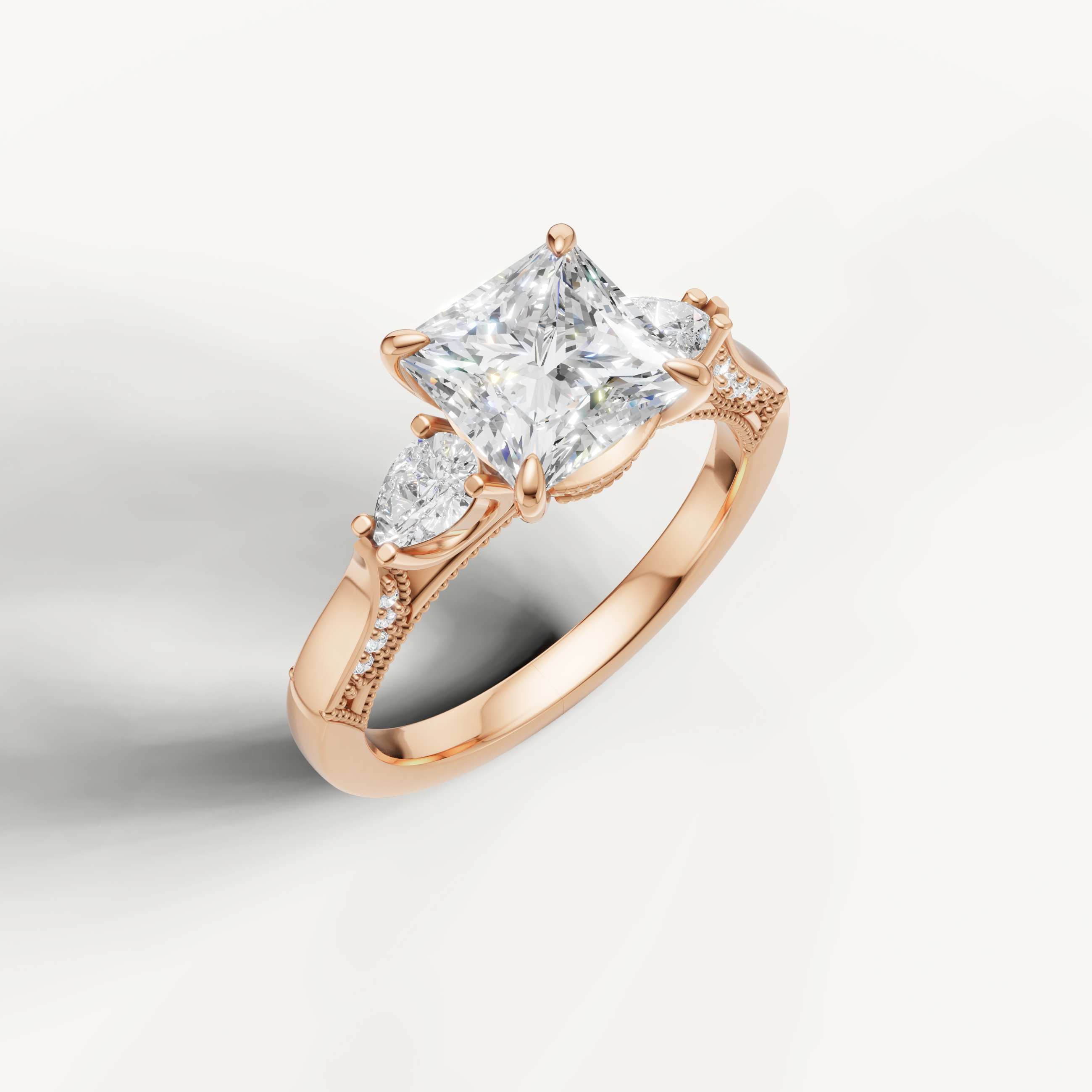 IGI certified princess lab diamond ring with pear side accents rose gold