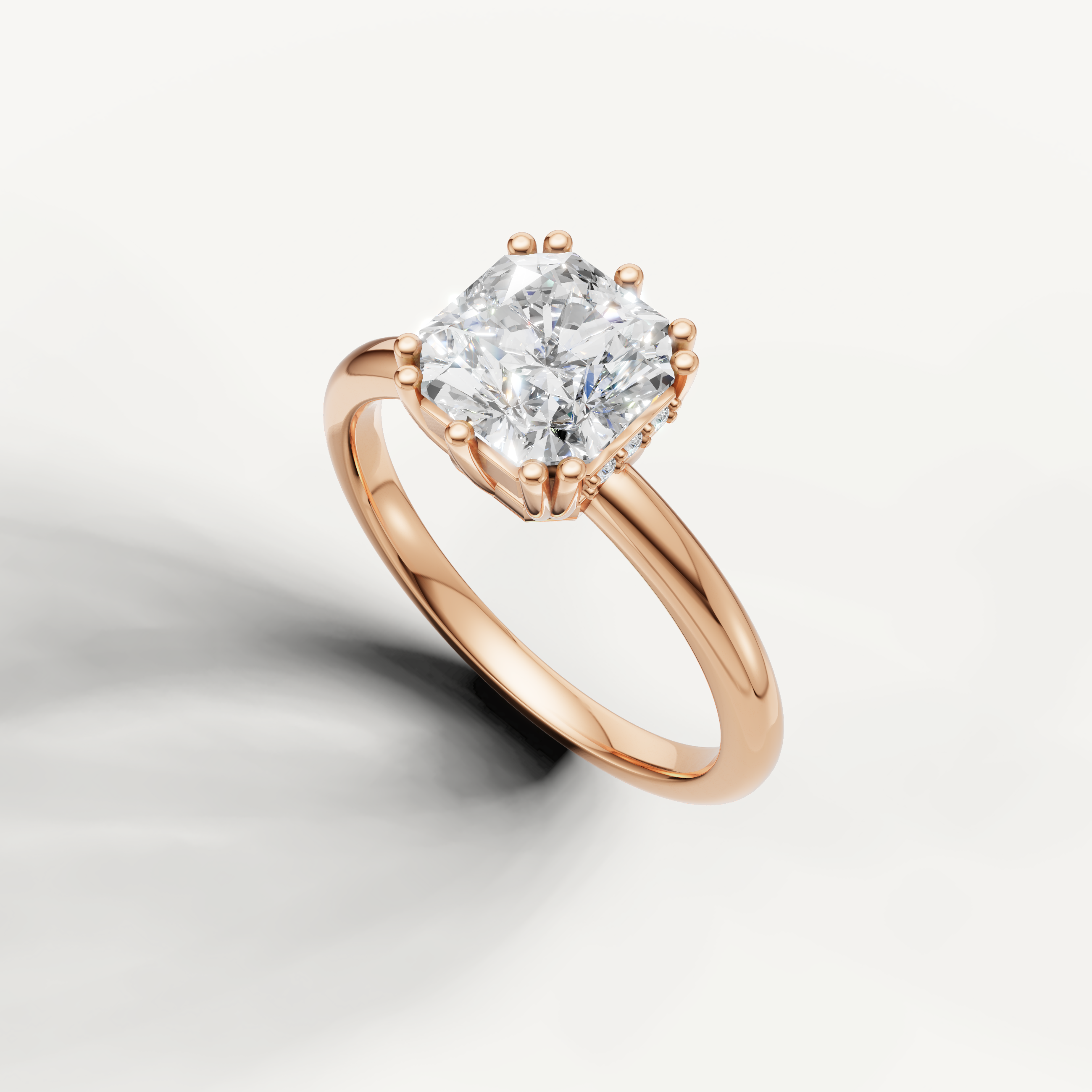 Lab grown asscher diamond ring in rose gold with vintage inspired hidden halo and clean modern setting