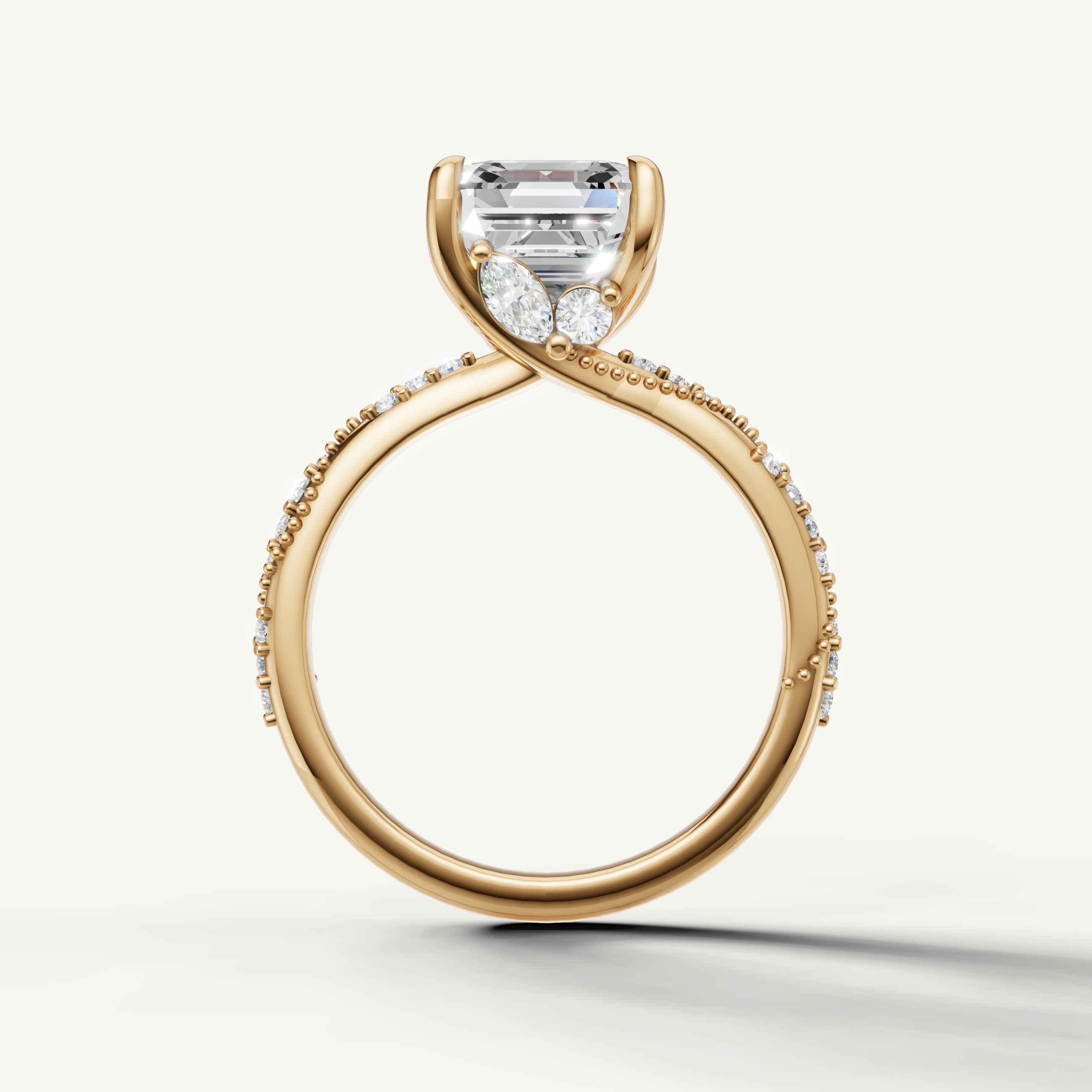 asscher cut lab grown diamond ring with elegant twisted shank pavé band yellow gold