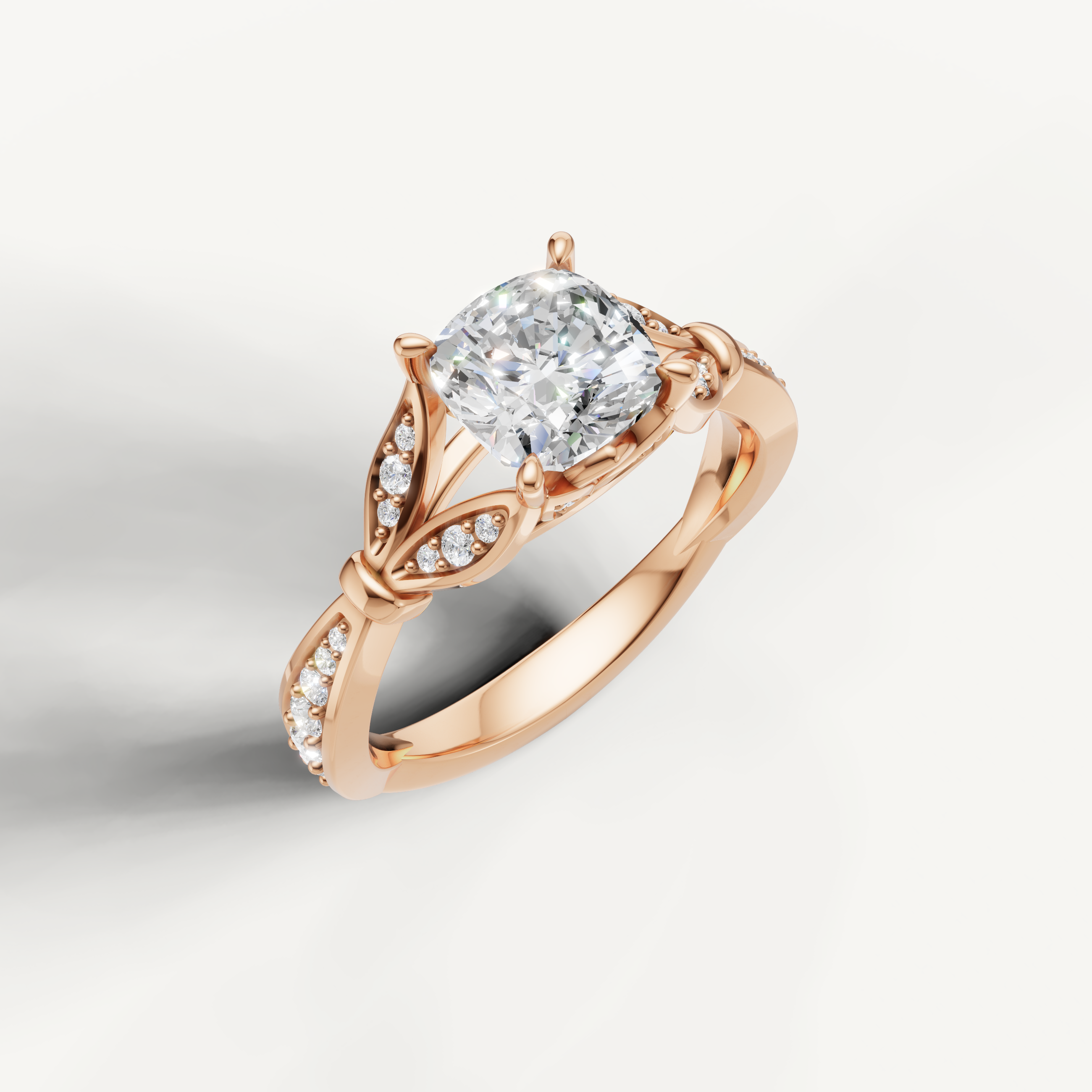 Rose gold cushion cut lab grown diamond ring with vintage inspired accents and brilliant sparkle by Raul Diamonds