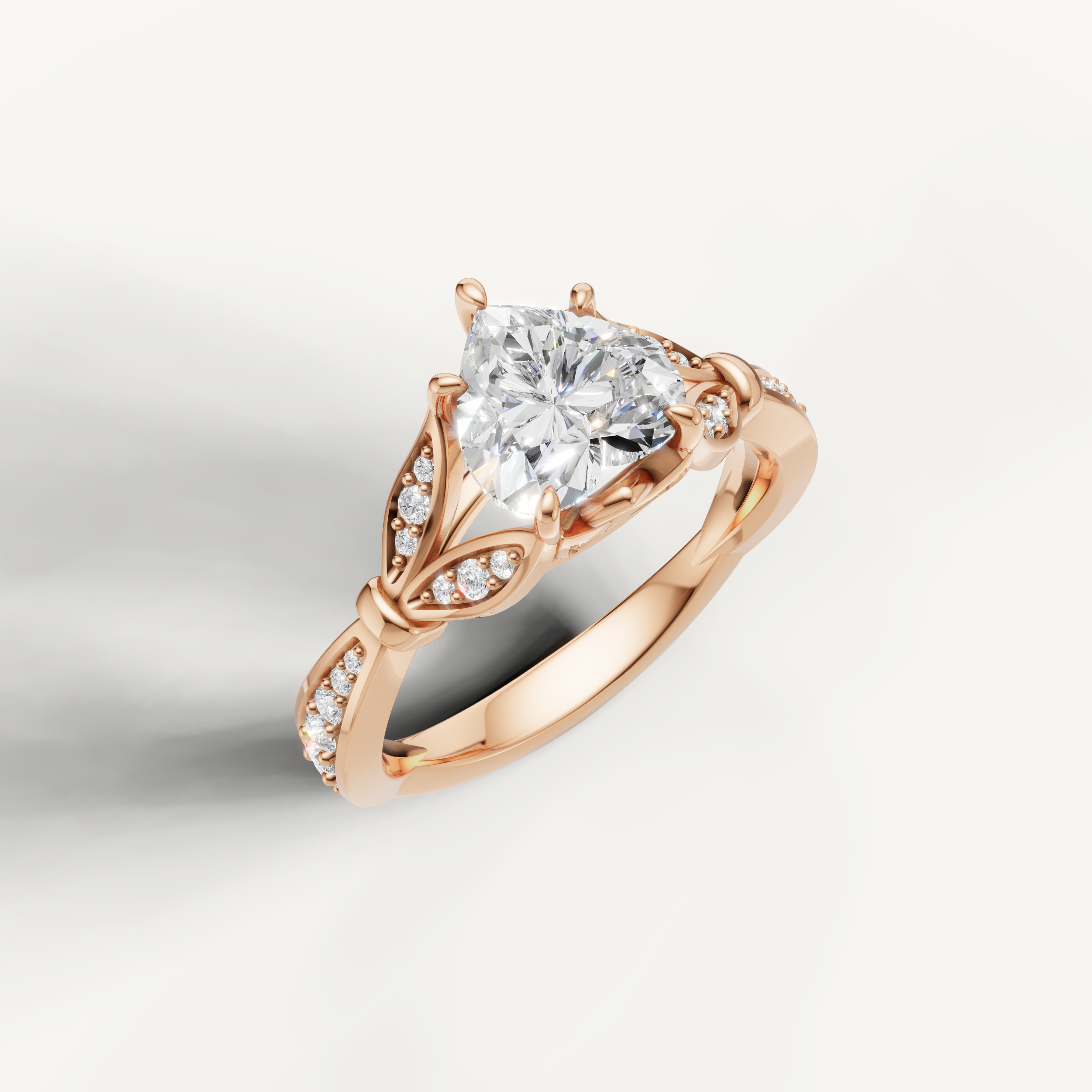 IGI certified heart shape lab diamond ring with leaf motif pavé setting 14k rose gold