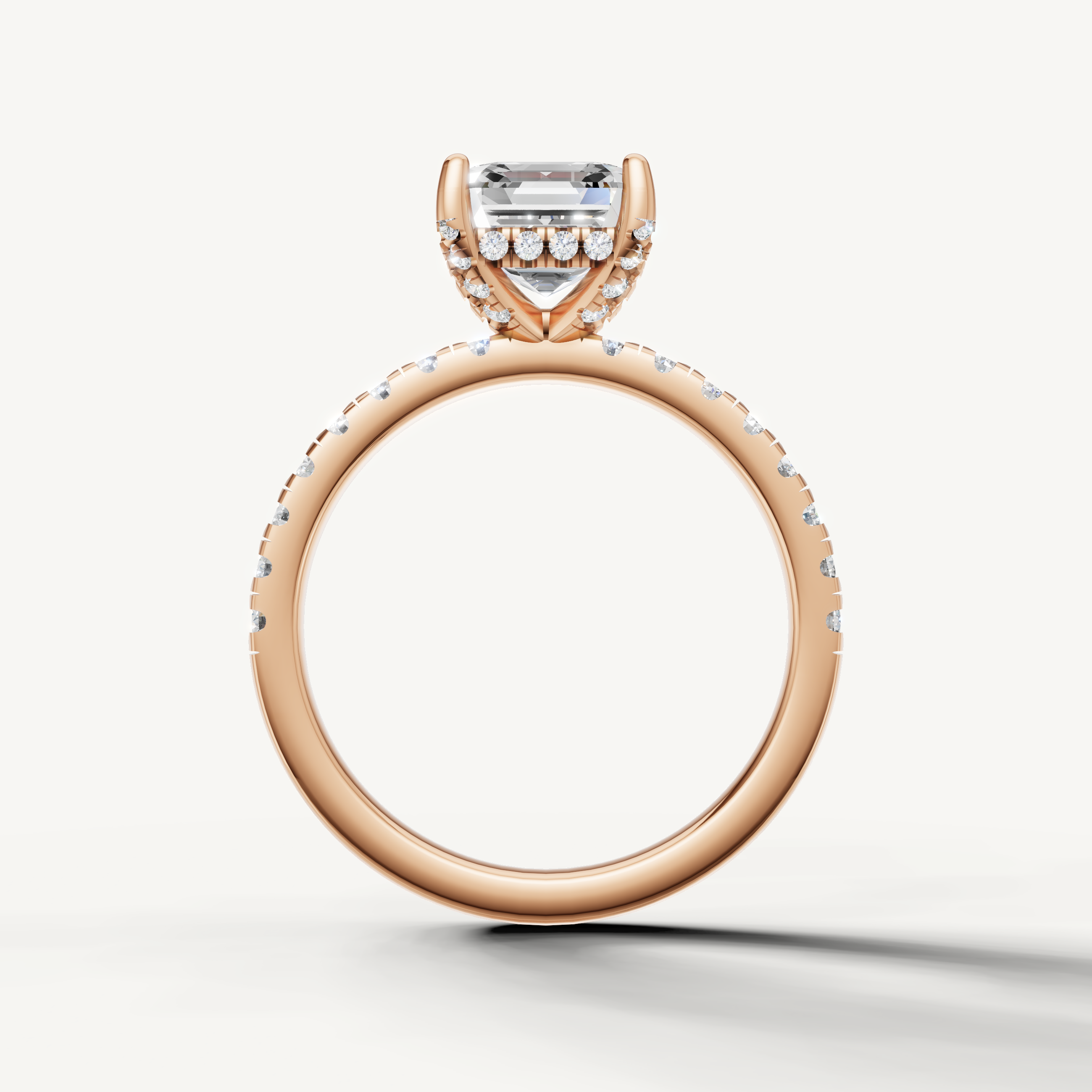 Minimalist asscher lab grown diamond ring with half pavé band rose gold