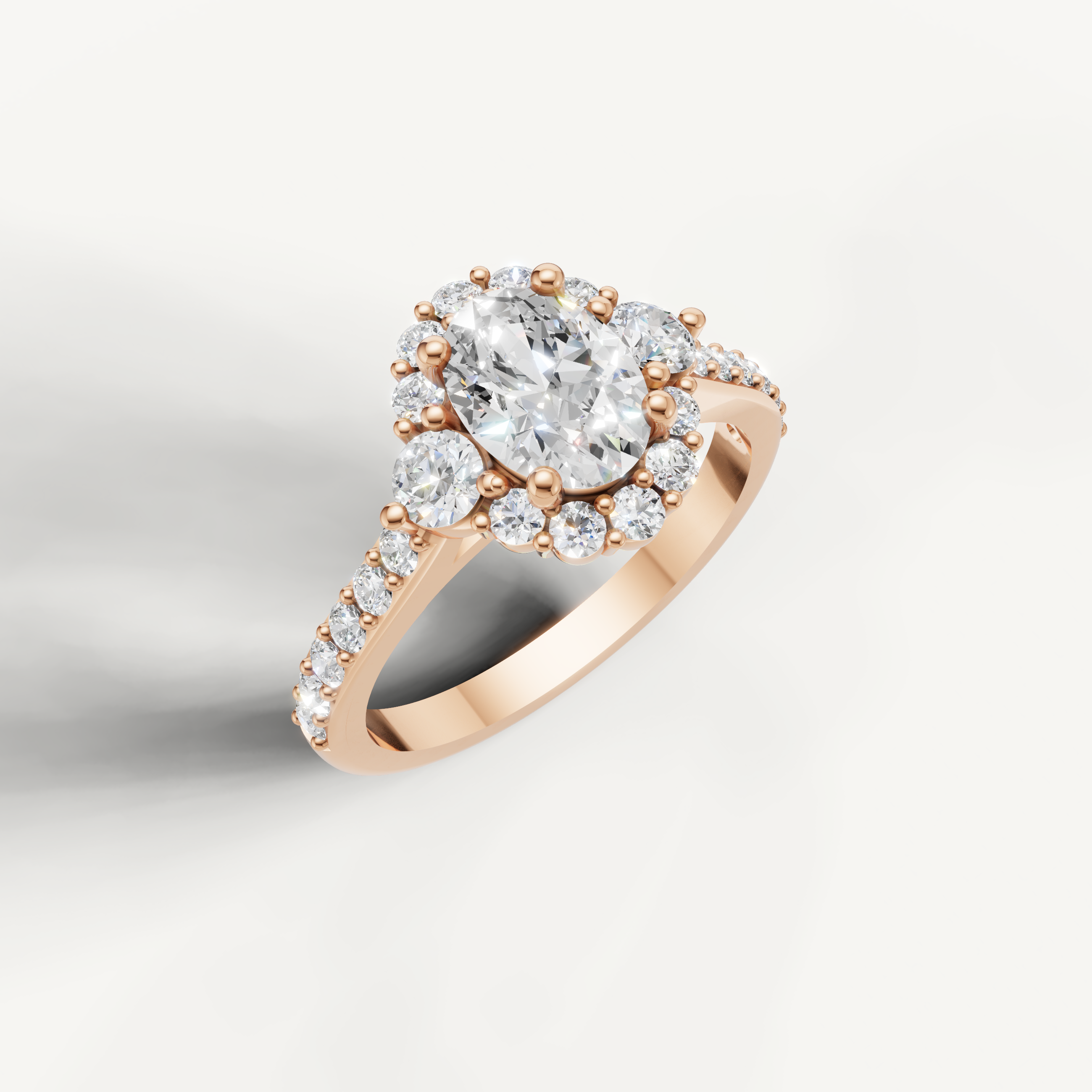 Oval cut halo diamond ring in rose gold by Raul Diamonds