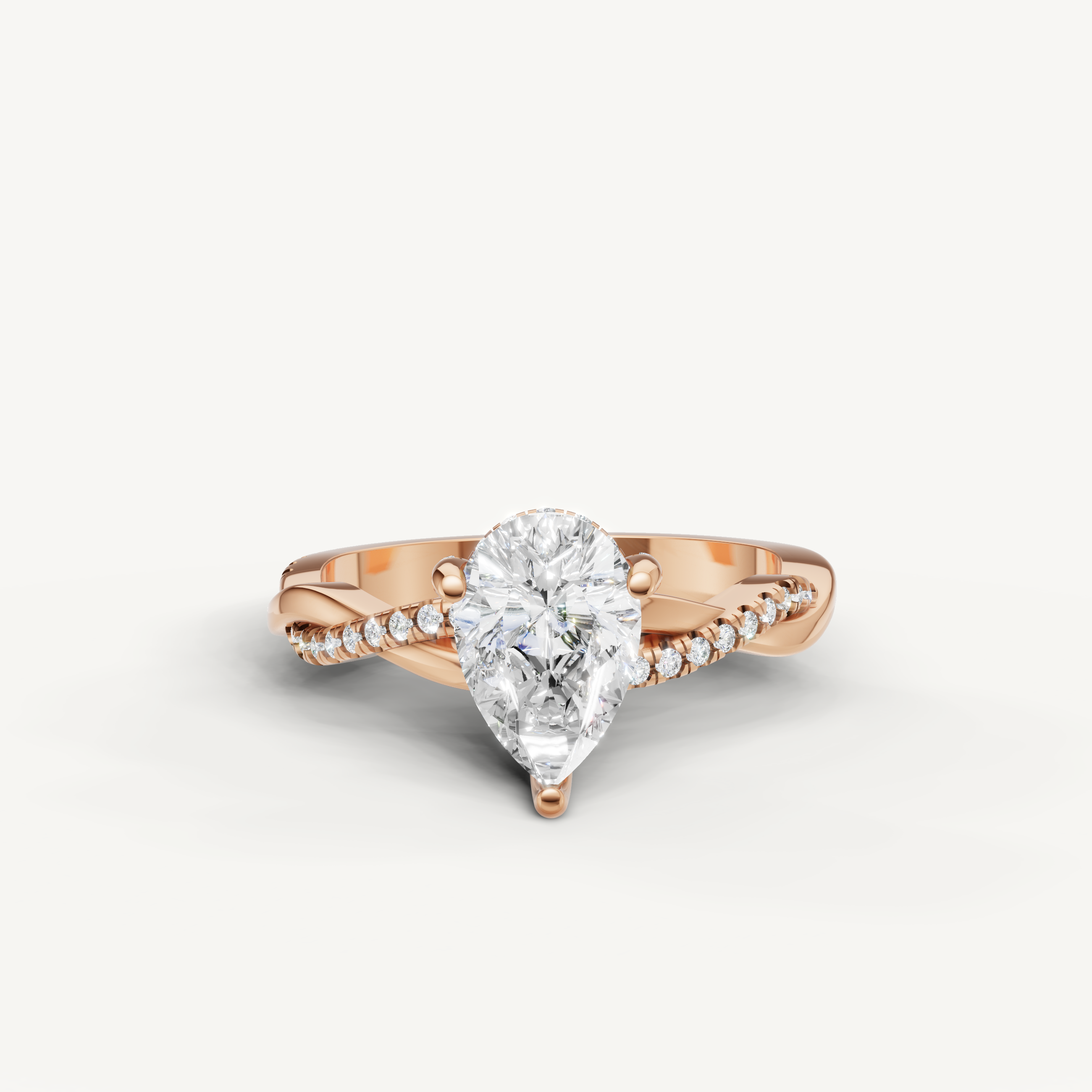 pear cut lab grown diamond bypass engagement ring in 14k rose gold with pavé diamond crossover band