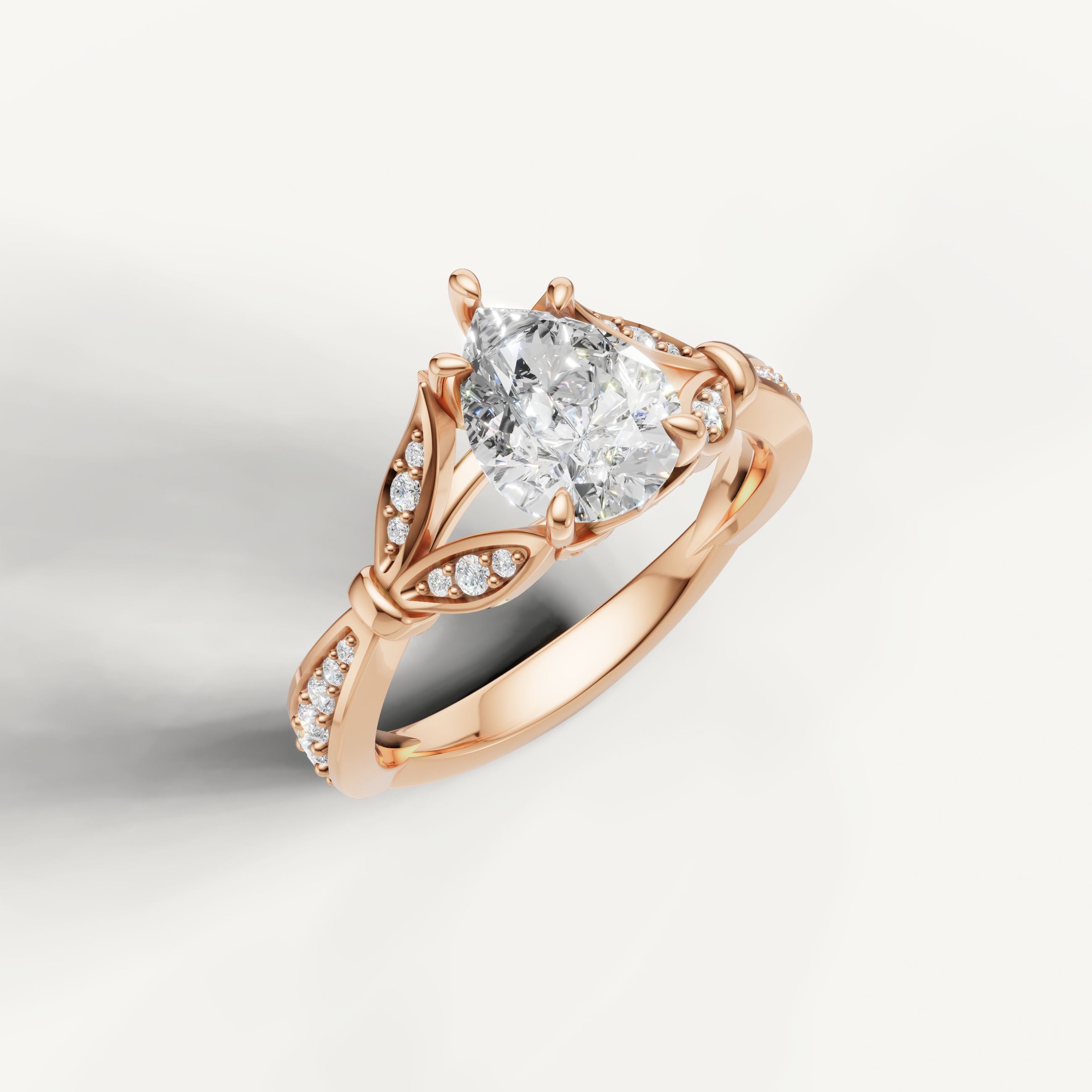 Rose gold pear shaped lab grown diamond ring with romantic vintage inspired accents by Raul Diamonds
