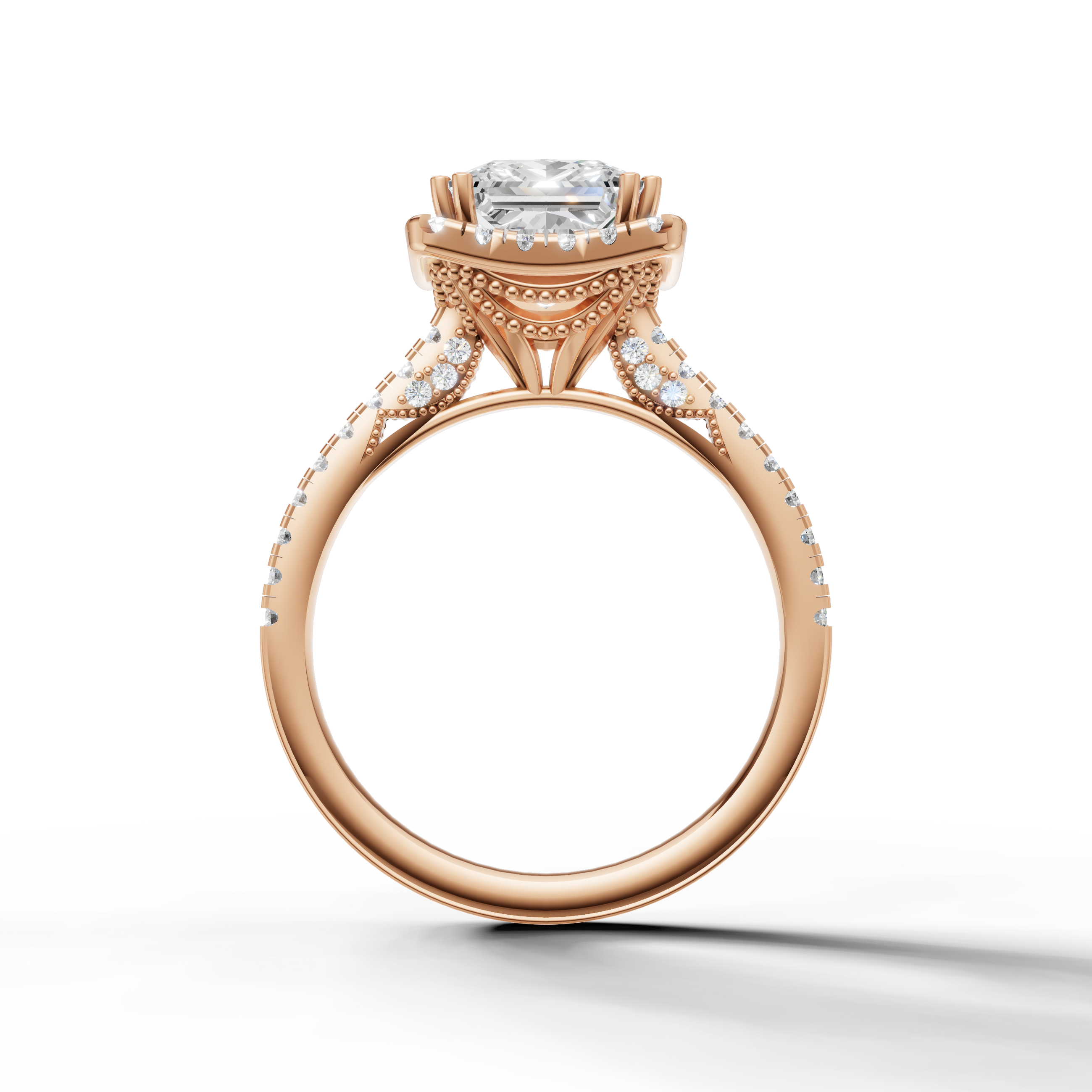 Elegant princess cut lab grown diamond halo ring in rose gold with brilliant pavé accents by Raul Diamonds