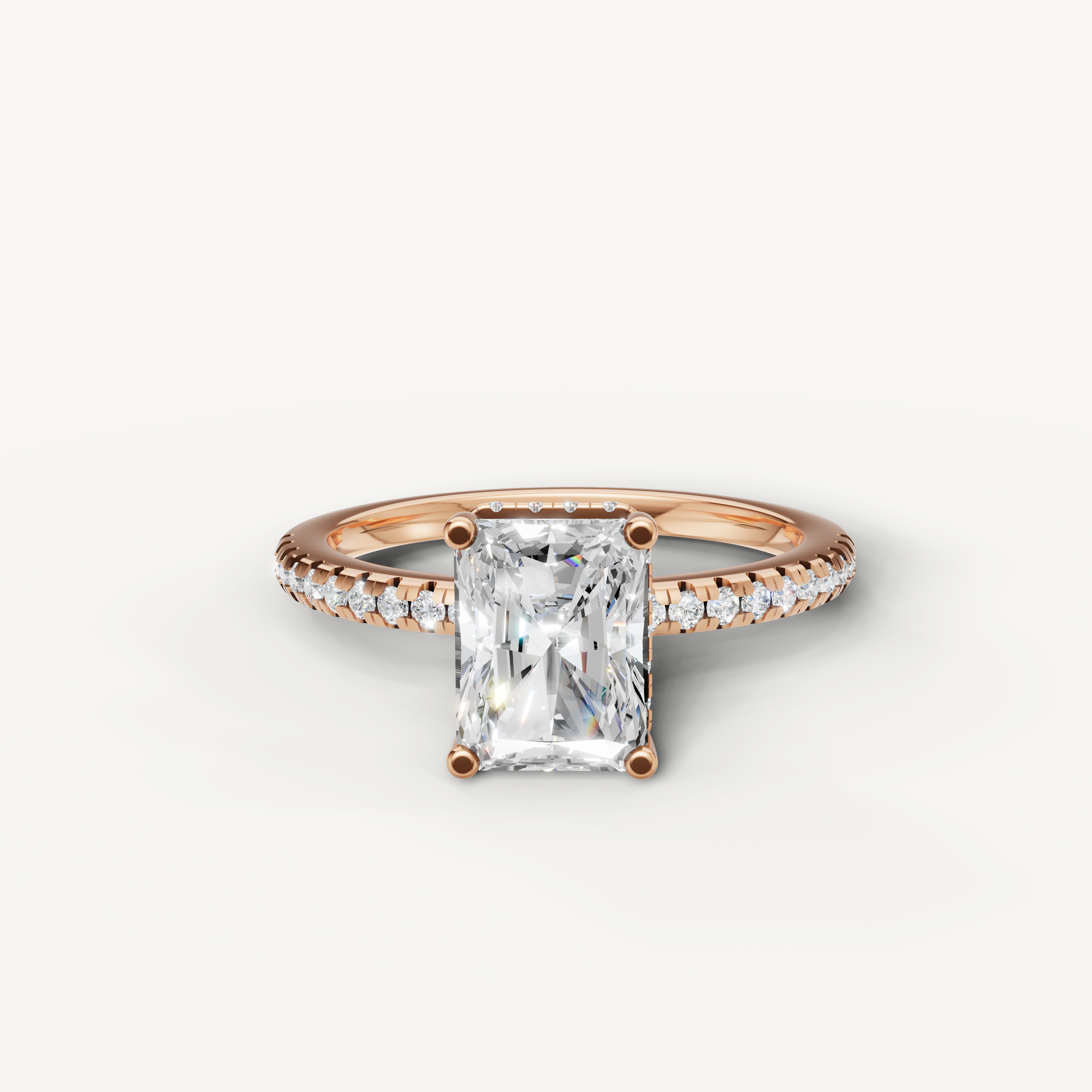 radiant cut lab grown diamond engagement ring with pavé band in 14k rose gold
