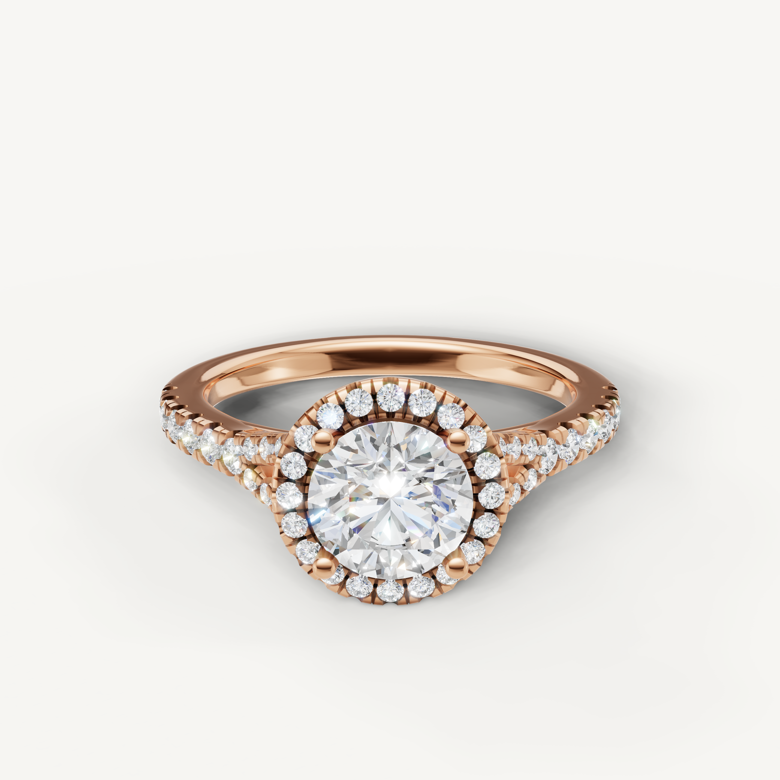 Round brilliant halo pavé lab grown diamond engagement ring in 14K rose gold