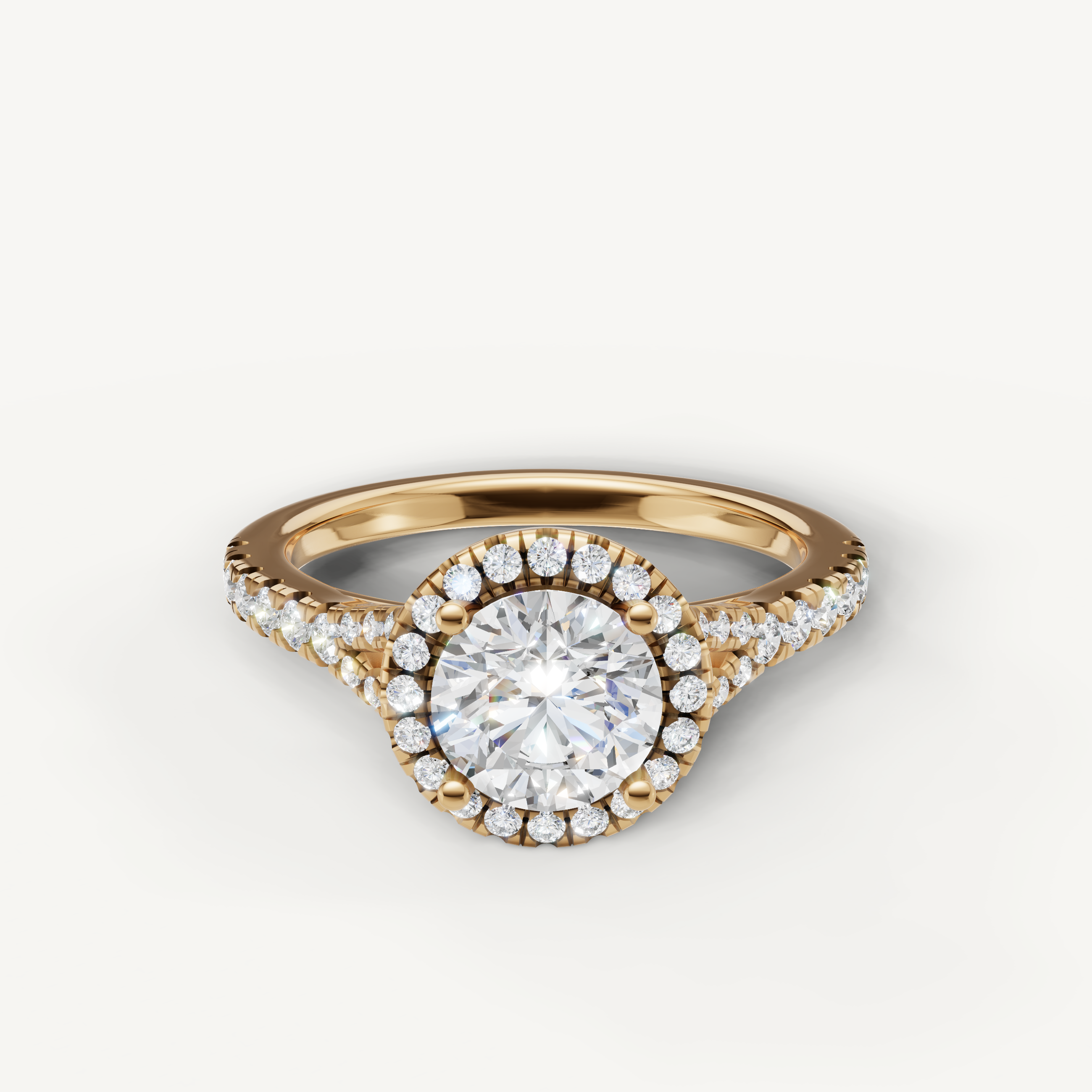 Round brilliant halo pavé lab grown diamond engagement ring in 14K yellow gold