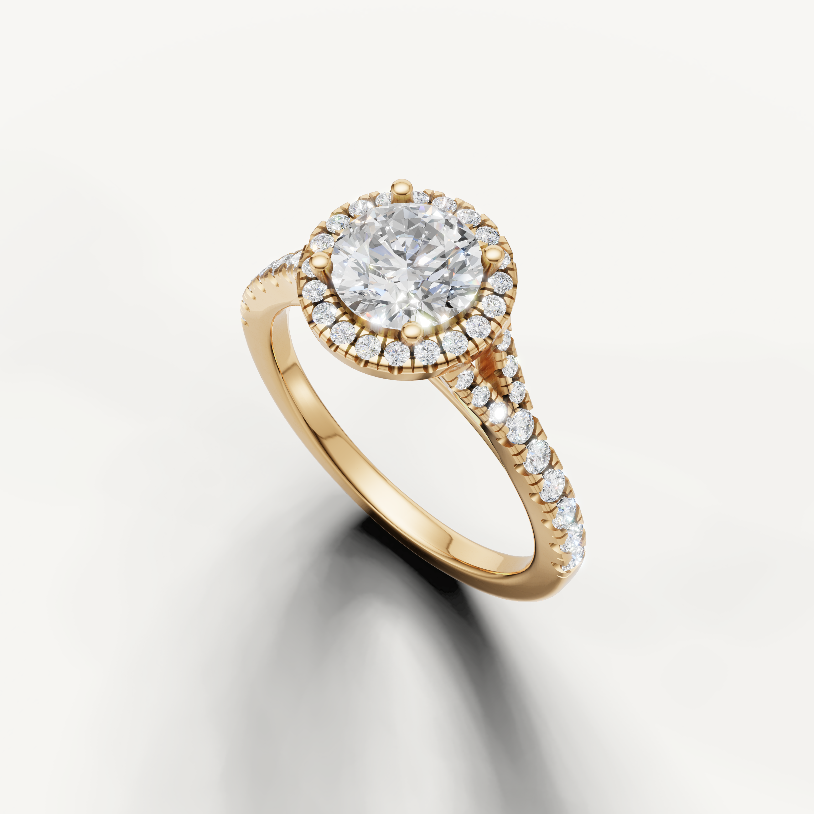 Elegant round cut halo engagement ring with pavé diamonds yellow gold