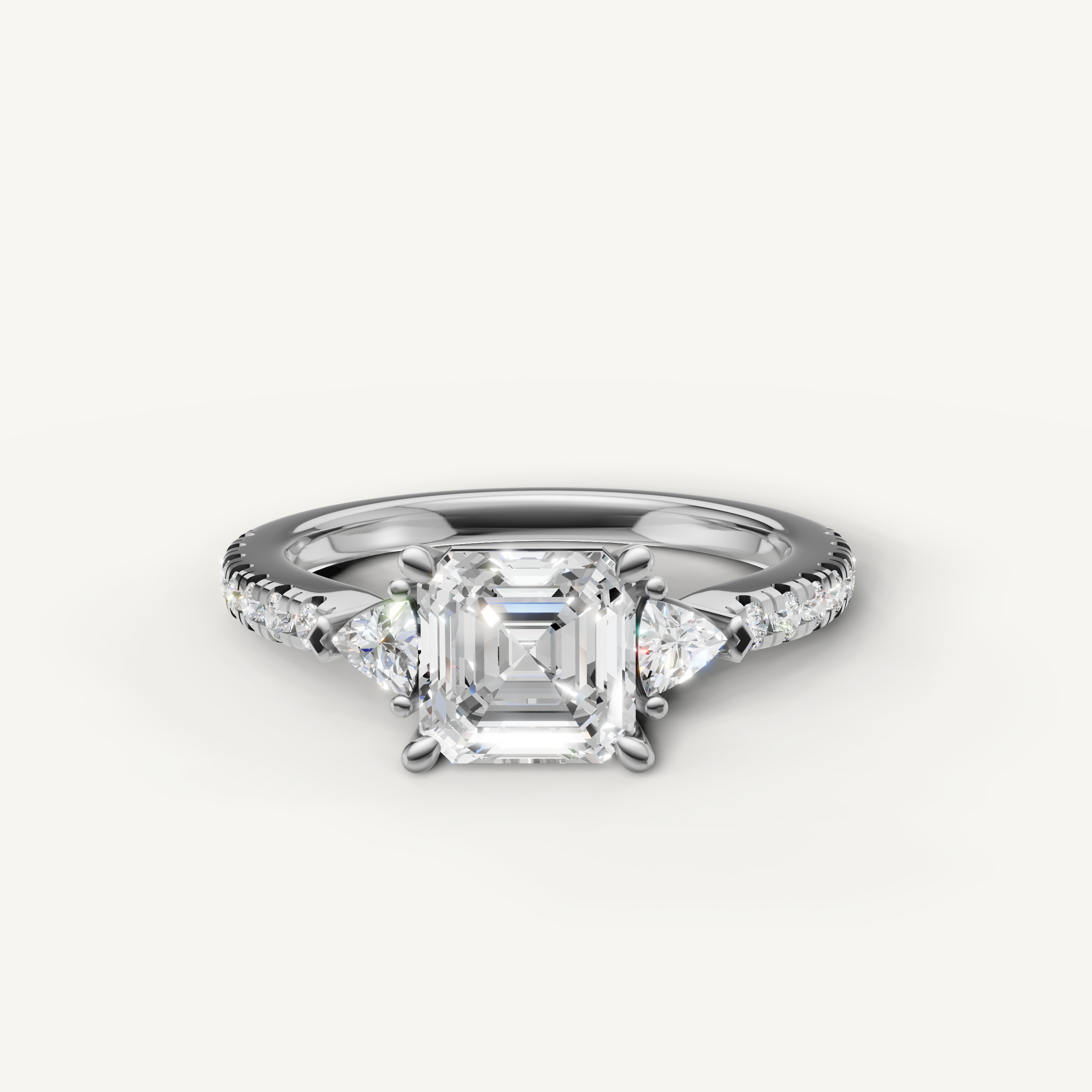 14K white gold Asscher cut lab grown diamond ring with pavé band and elegant side diamonds