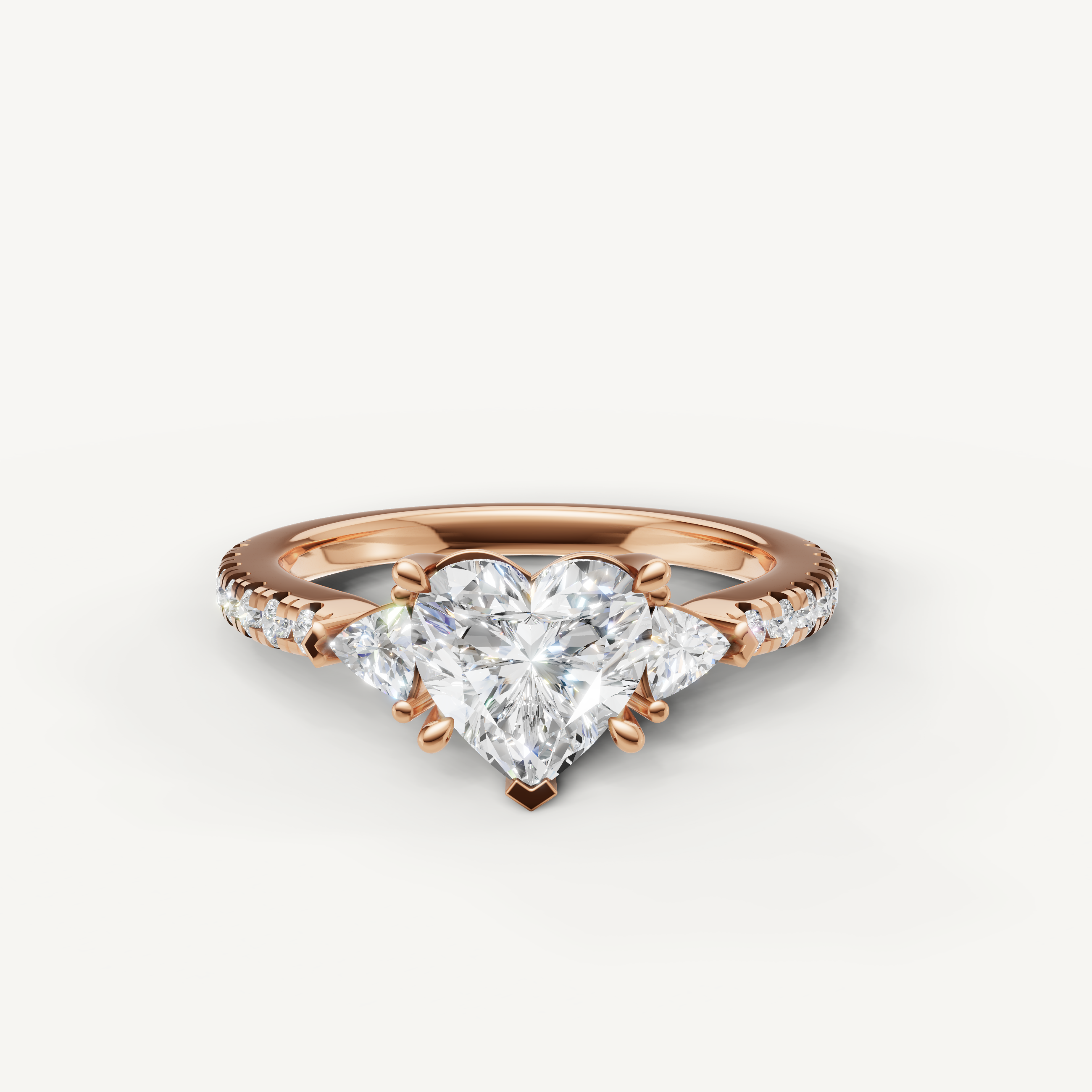 Romantic heart shape lab grown diamond ring with pavé band and side diamonds