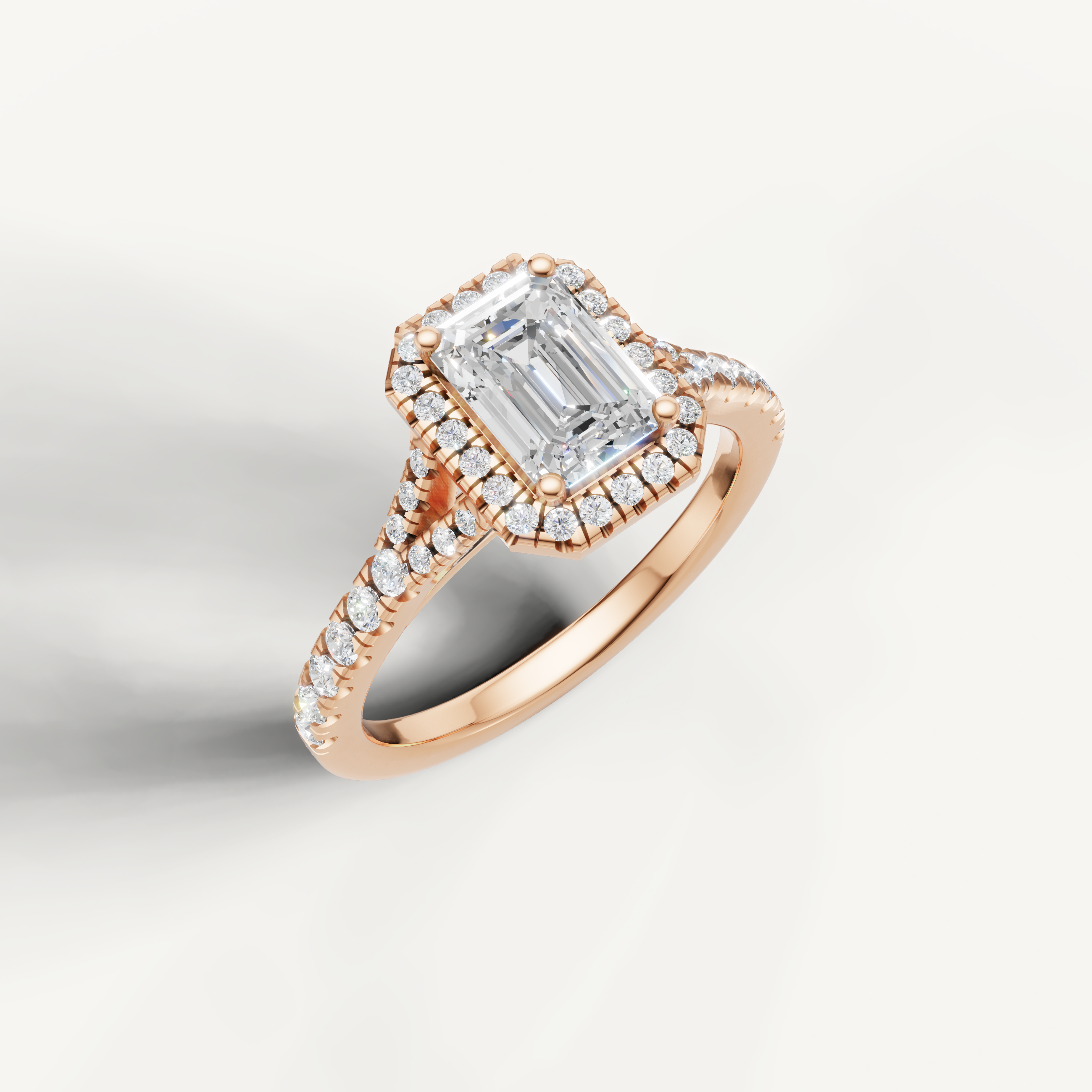IGI certified emerald lab diamond halo ring with pavé band rose gold DEF VVS