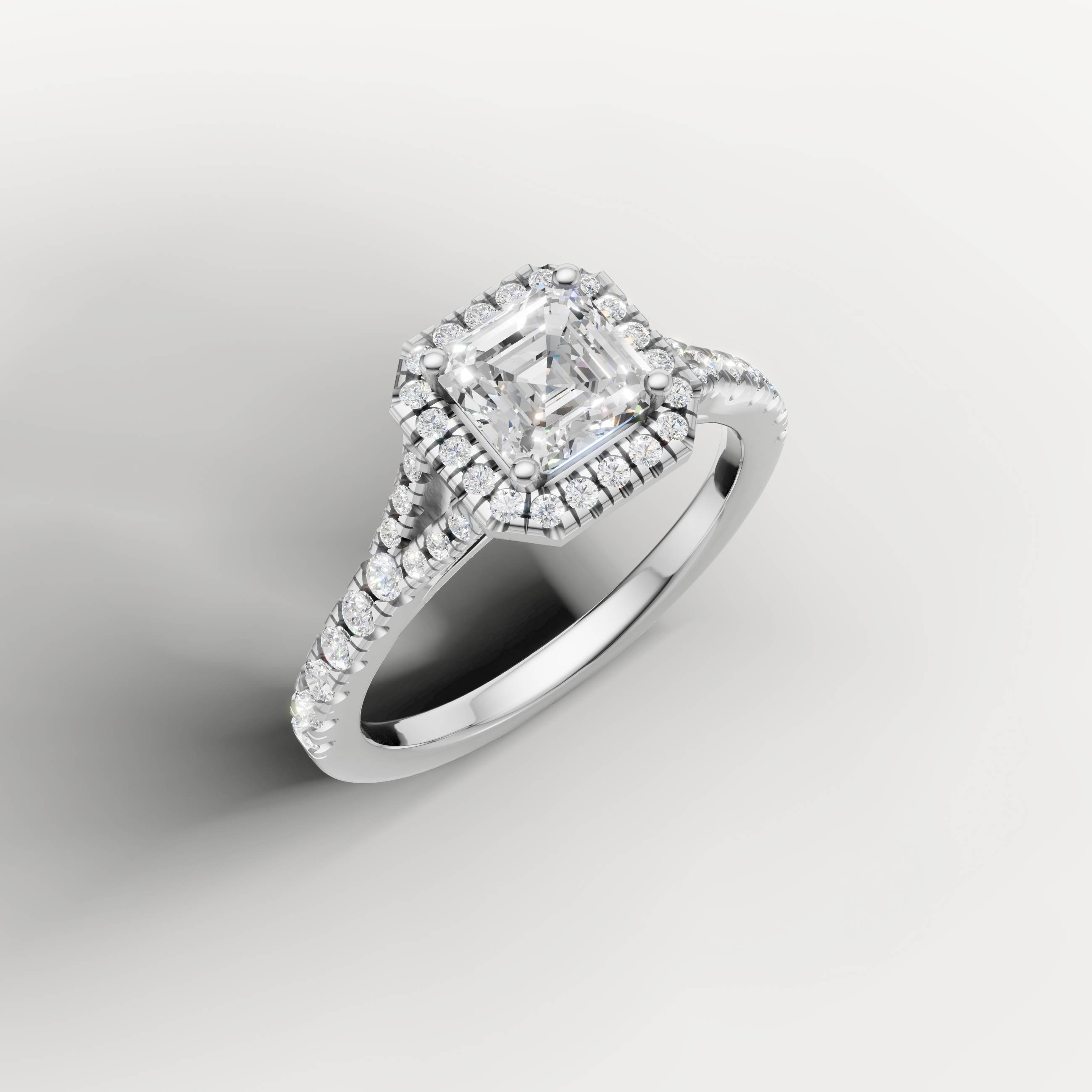 IGI certified asscher lab diamond halo ring with pavé band white gold DEF VVS