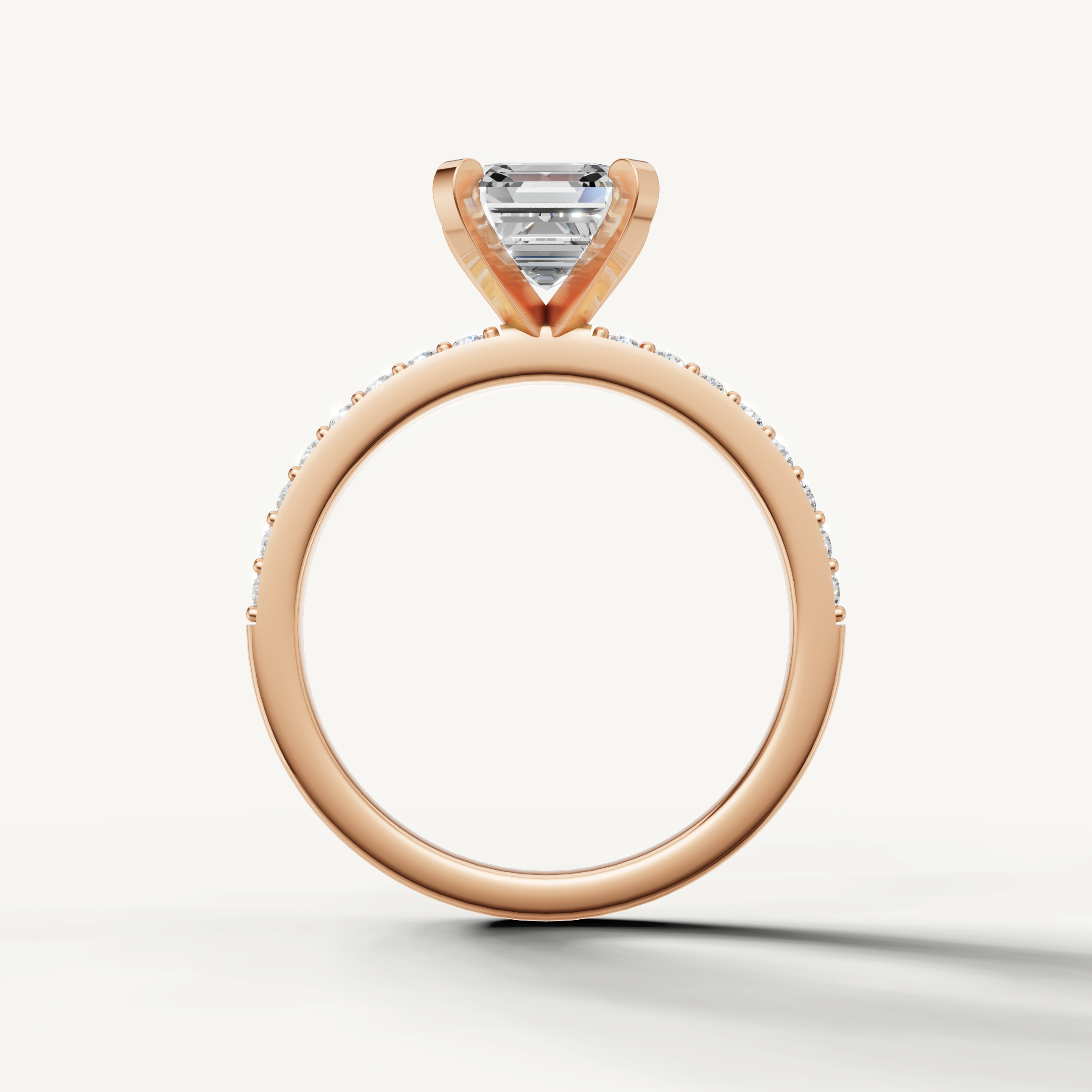 Elegant asscher cut lab grown diamond ring in rose gold with pavé setting