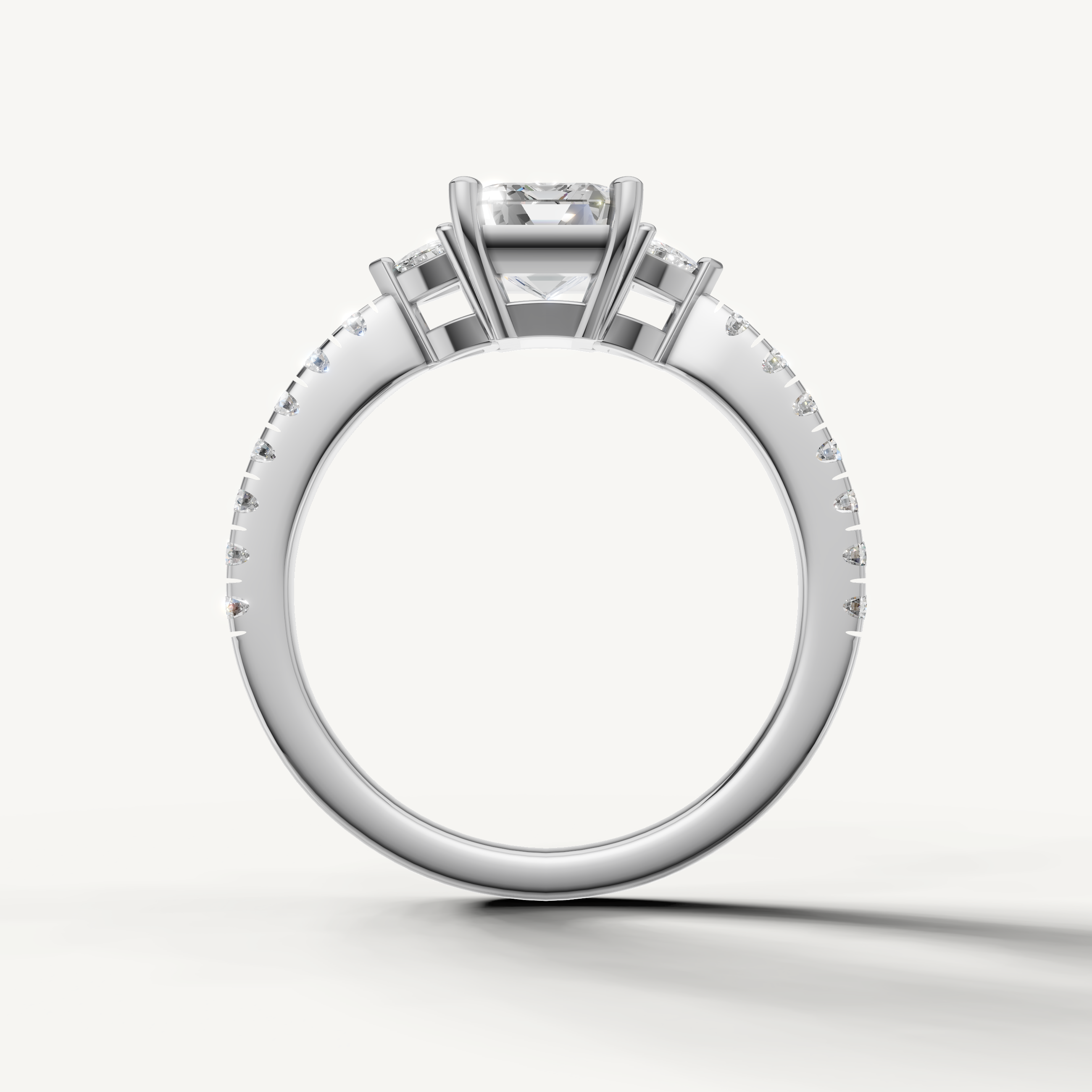 Luxury emerald cut lab grown diamond ring in rose gold with side stones and slim band