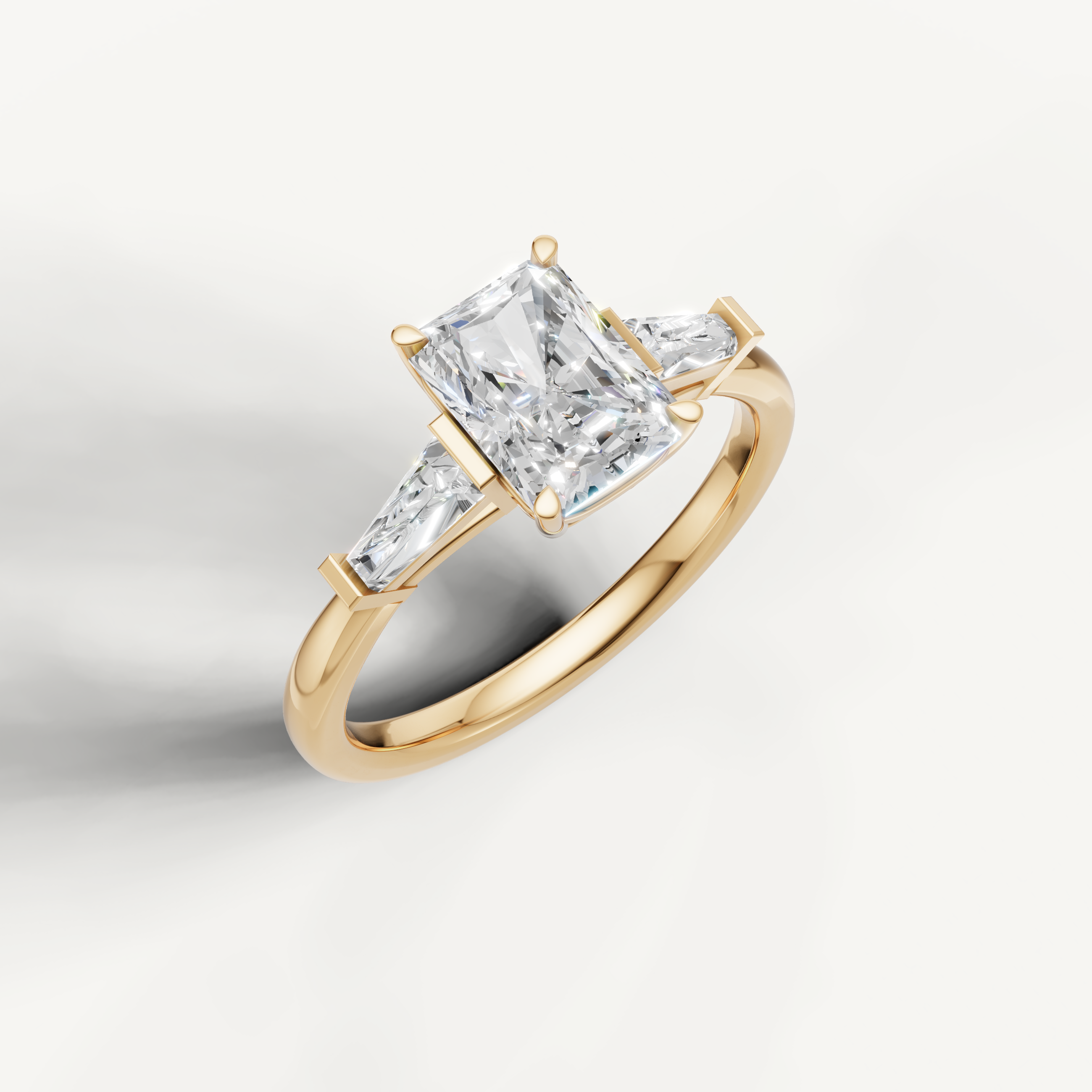 IGI certified radiant cut lab diamond ring with baguette side accents yellow gold