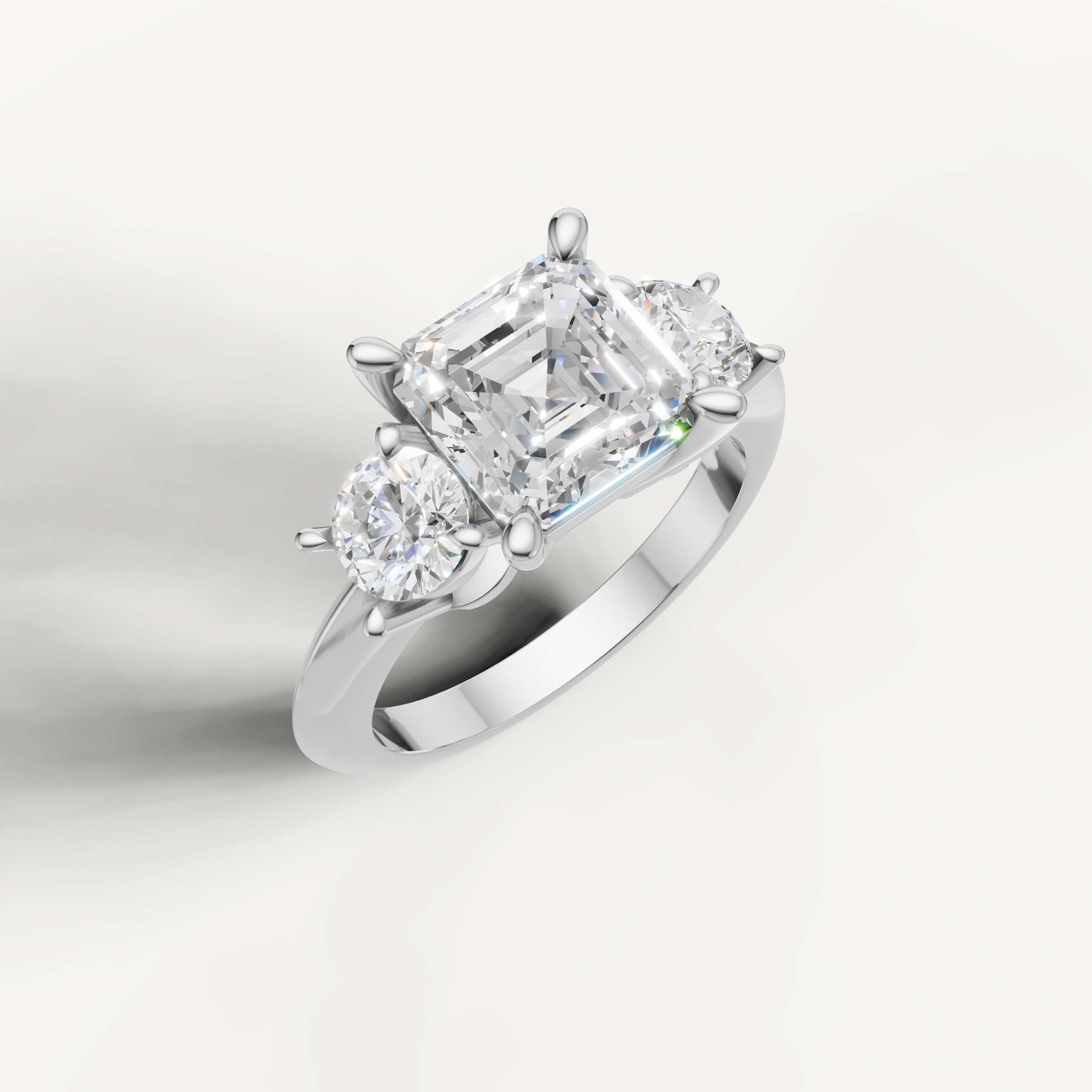 IGI certified asscher lab diamond ring with round side stones white gold DEF VVS