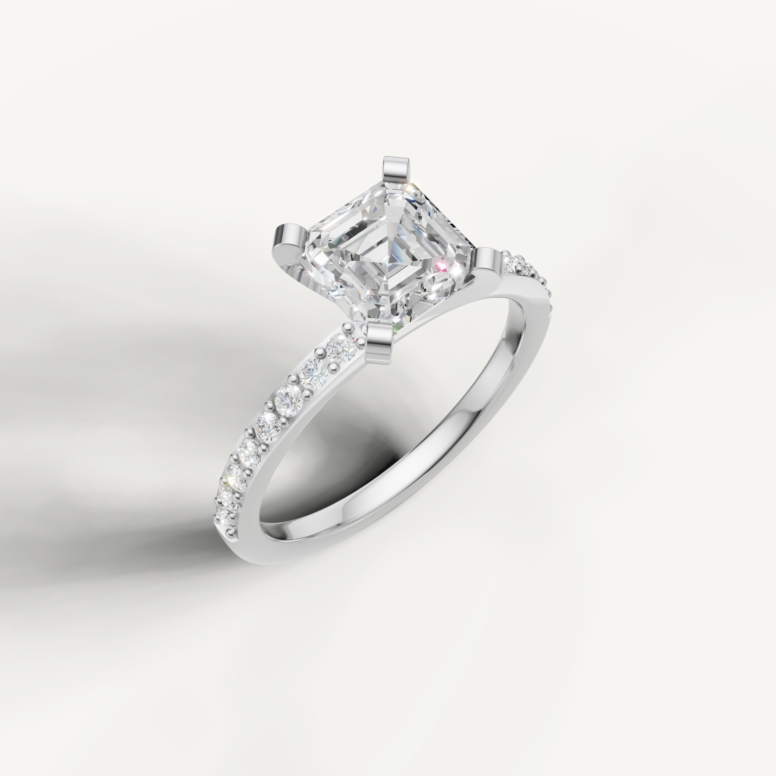 Square step cut lab diamond ring in white gold with micro pavé diamonds