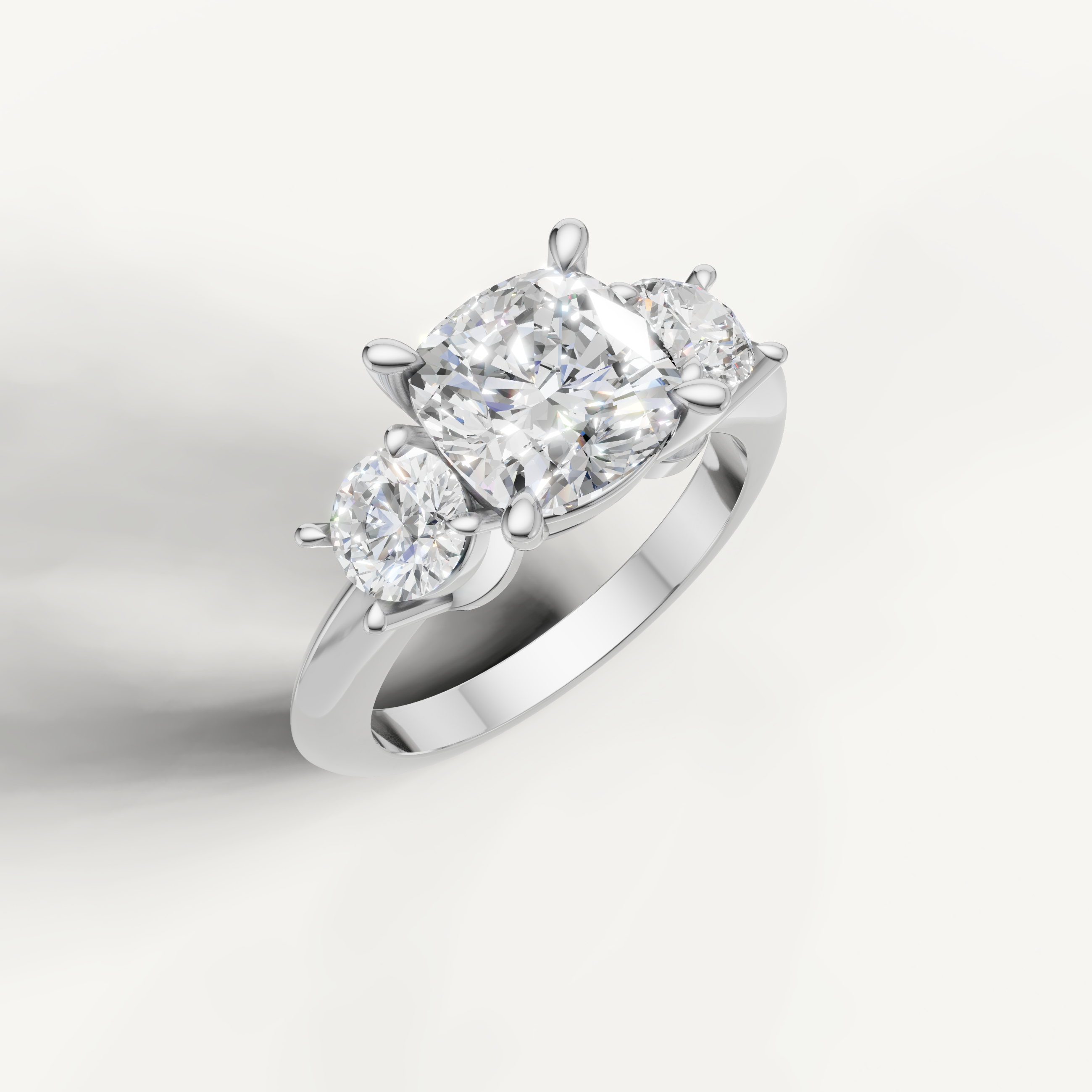 IGI certified cushion lab diamond ring with round side stones white gold DEF VVS