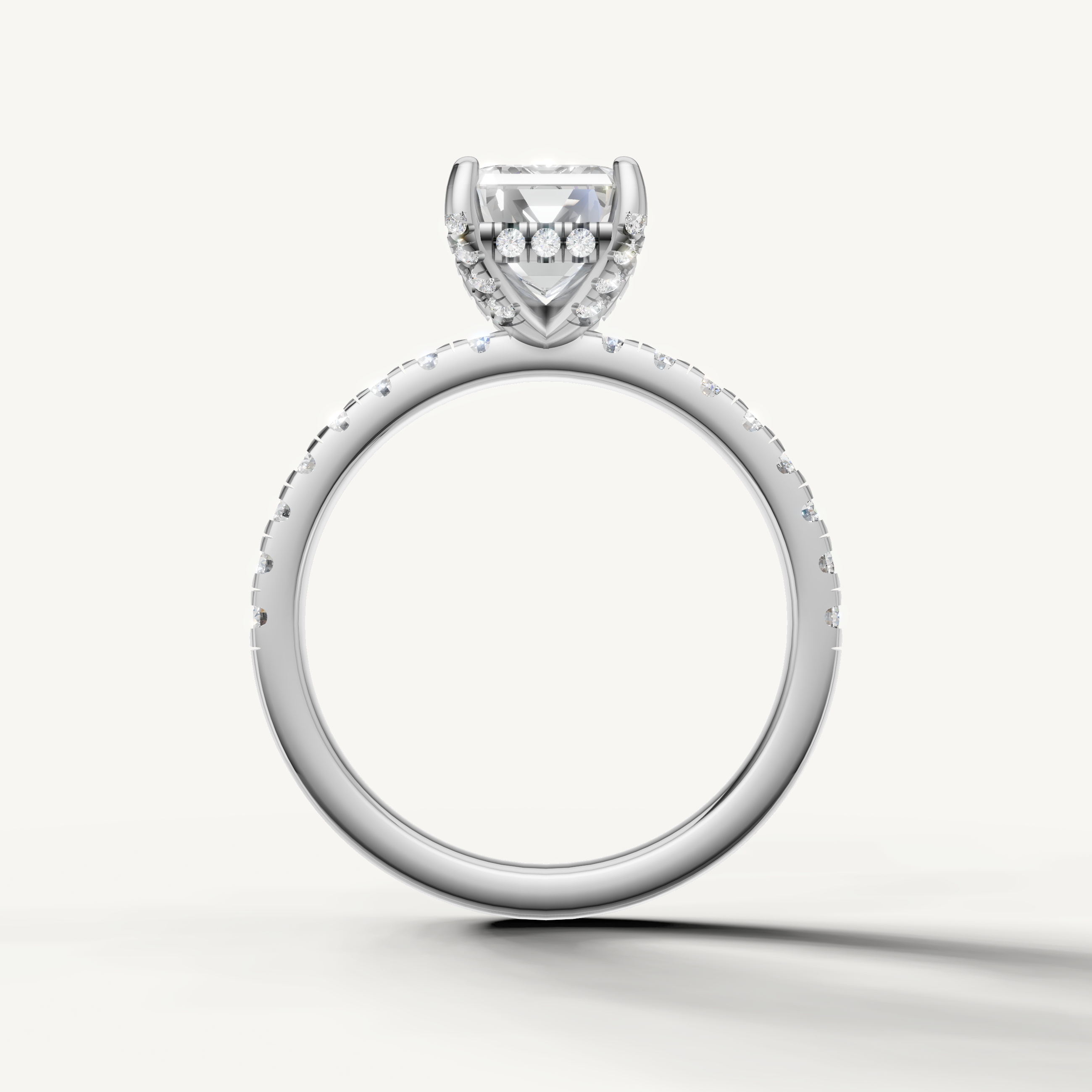 Emerald shape lab grown diamond ring with half pavé band white gold