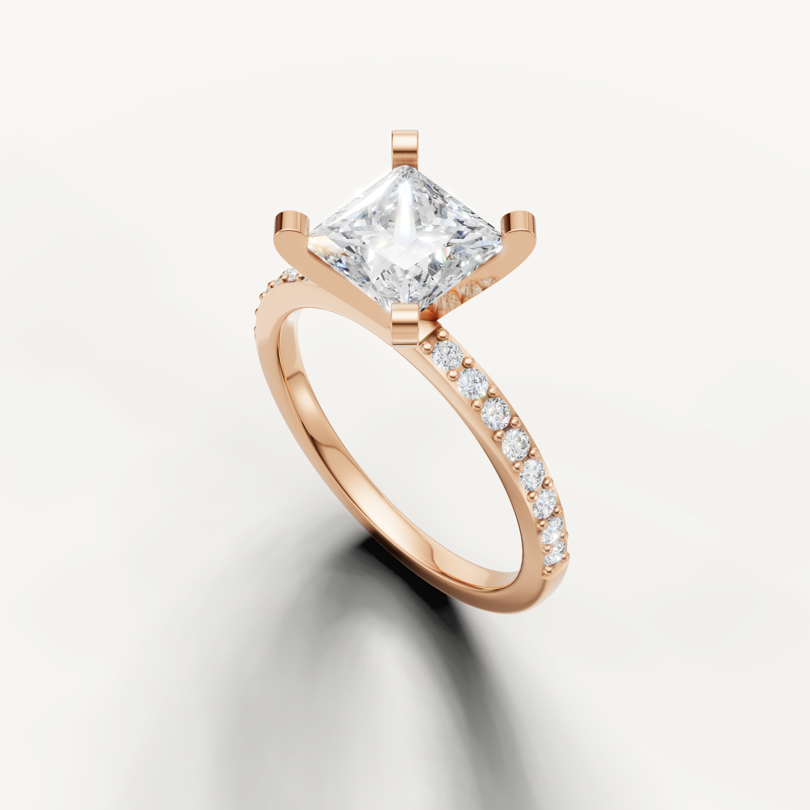 Romantic princess cut lab grown diamond ring in rose gold slim pavé band