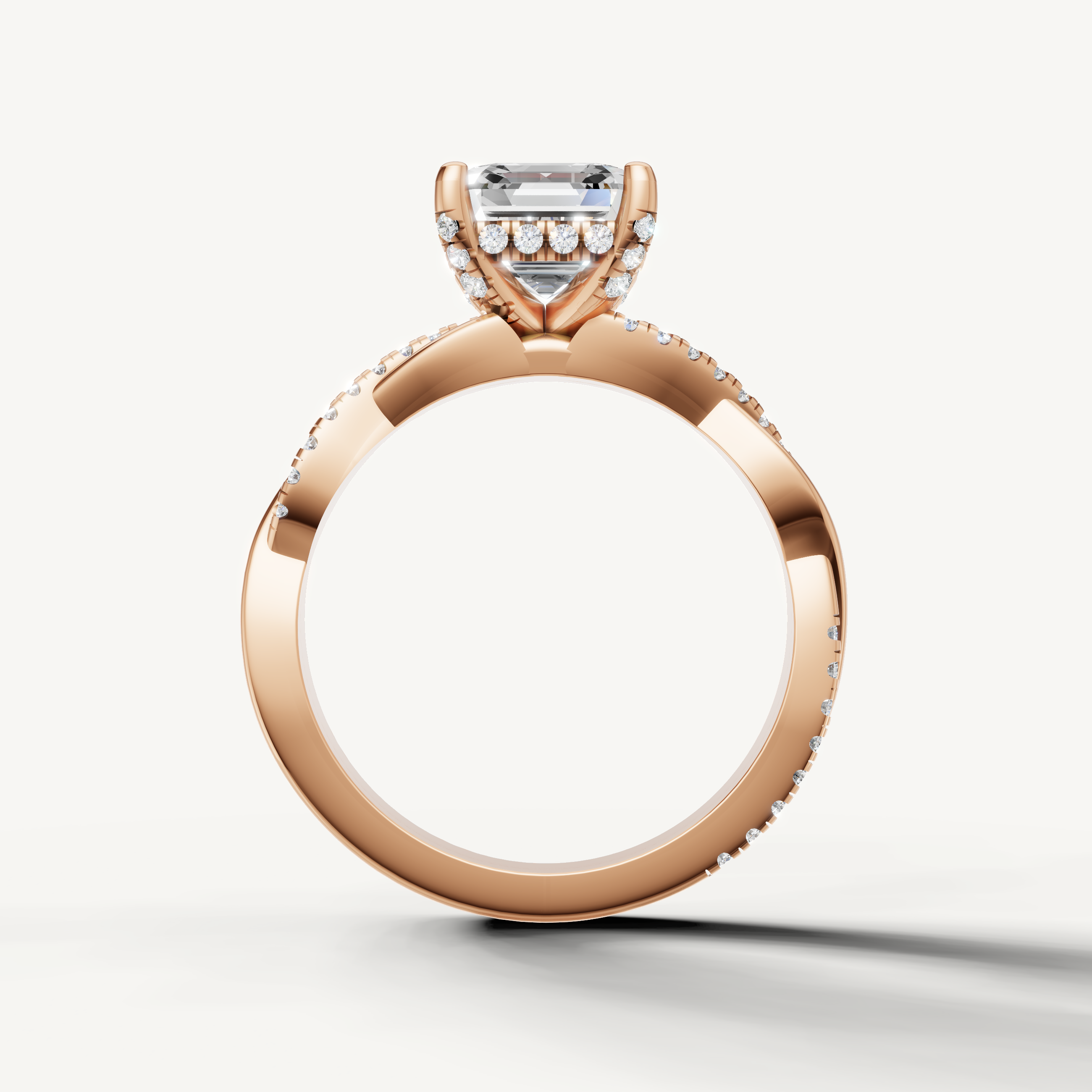 sophisticated asscher cut lab grown diamond bypass ring in 14k rose gold with shimmering pavé diamonds