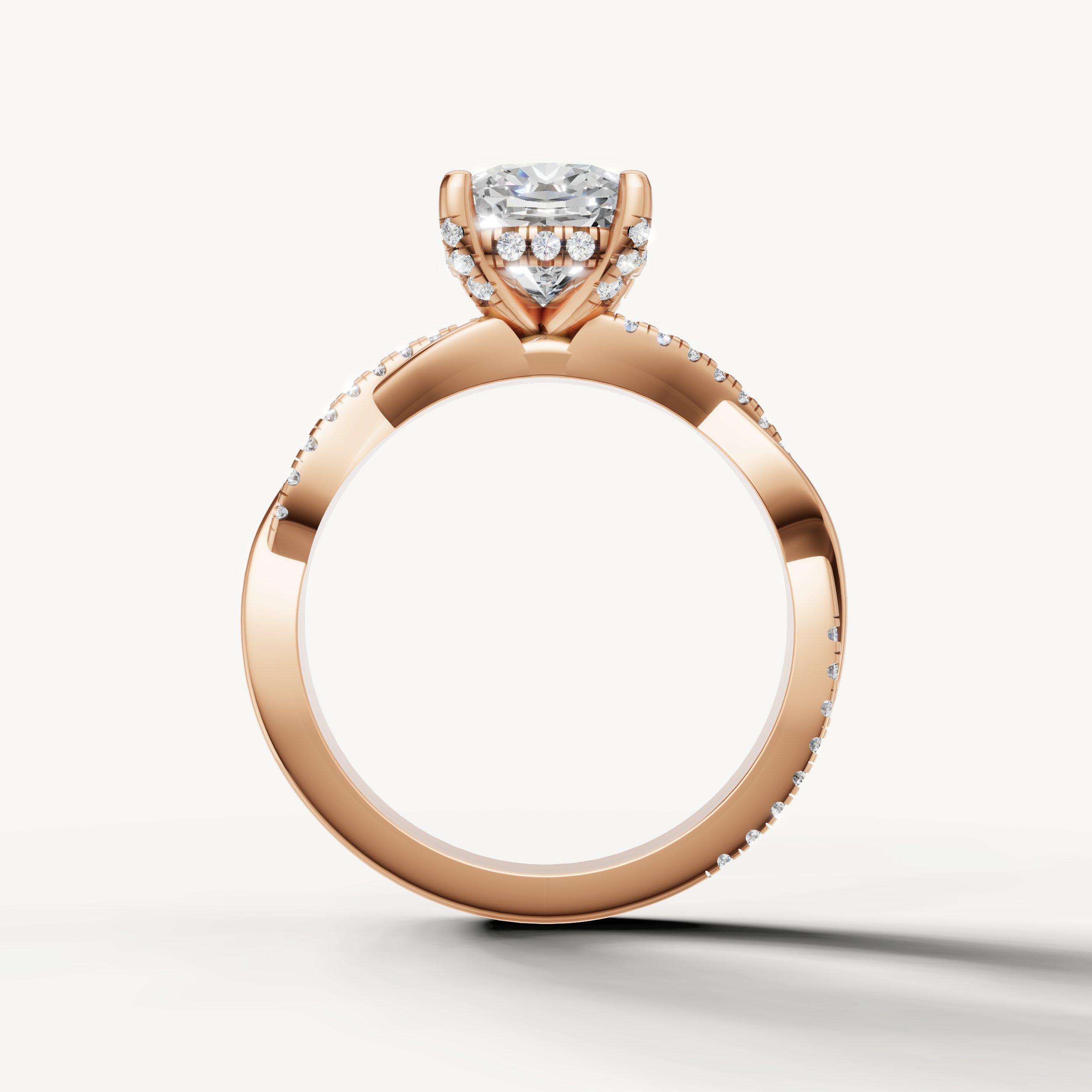 sophisticated cushion cut lab grown diamond bypass ring in 14k rose gold with shimmering pavé detailing