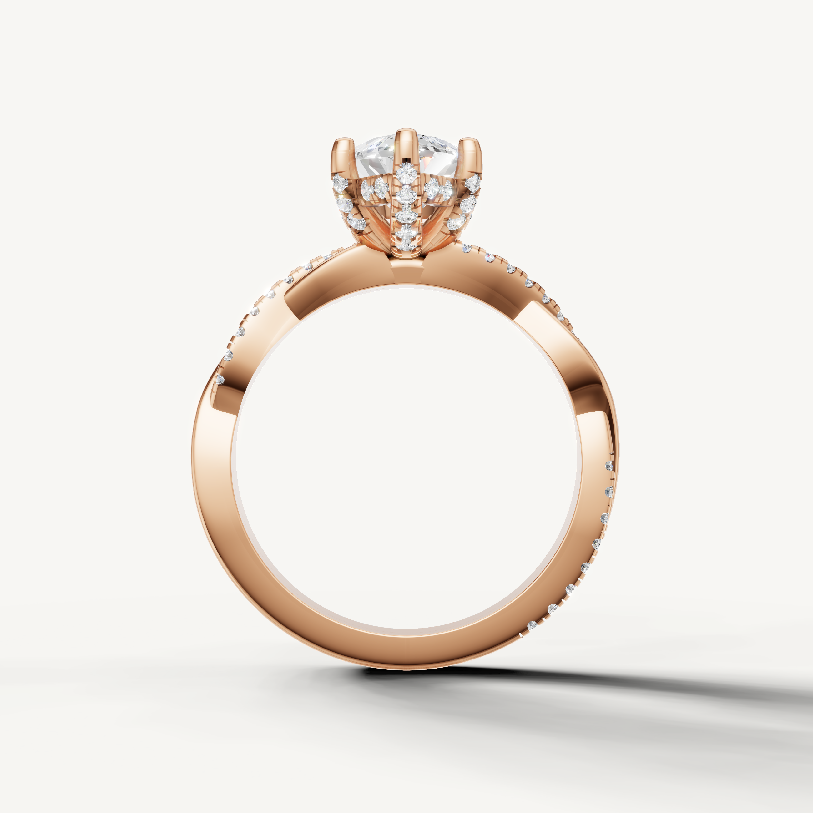 modern marquise lab grown diamond engagement ring in 14k rose gold with shimmering pavé diamond band