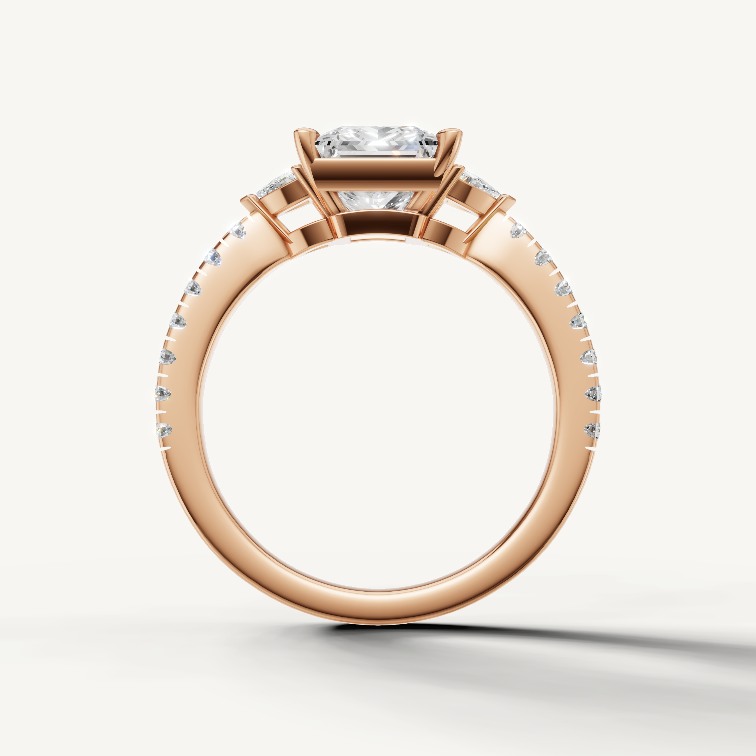 Minimalist princess cut lab grown diamond engagement ring in 14K rose gold with side stones