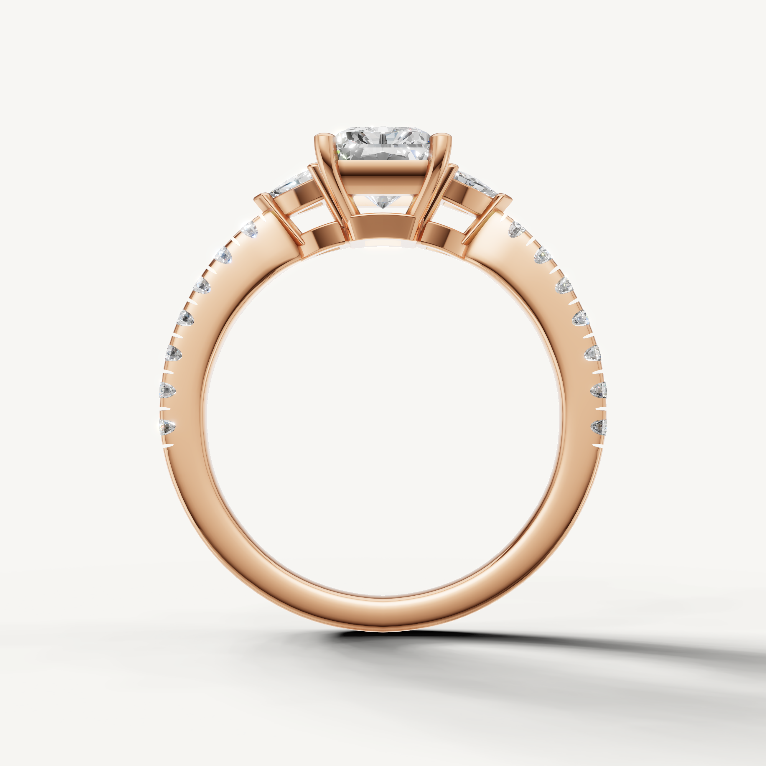 Minimalist radiant cut lab grown diamond engagement ring in 14K rose gold with side stones