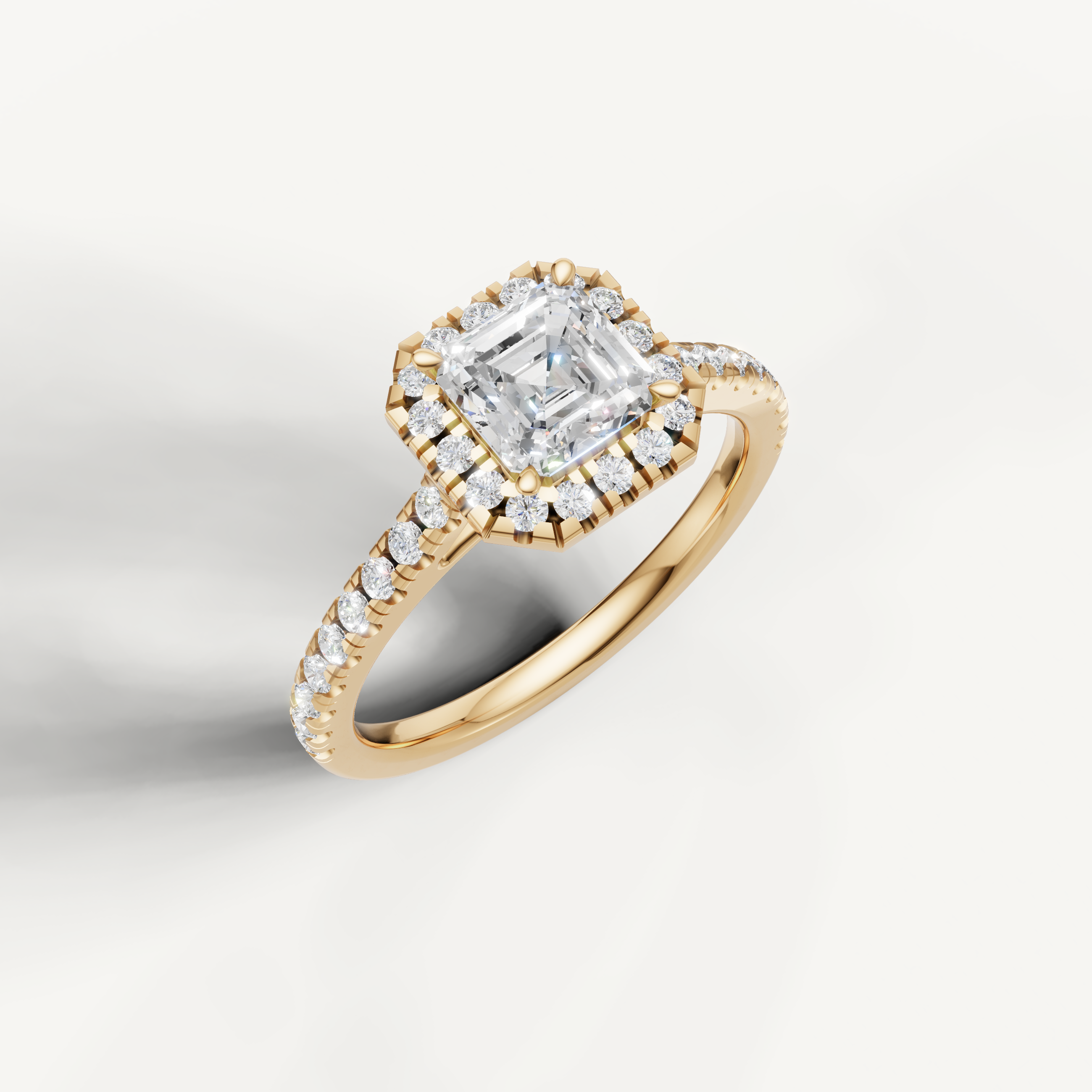 vintage inspired asscher cut lab grown diamond halo ring with pavé shank