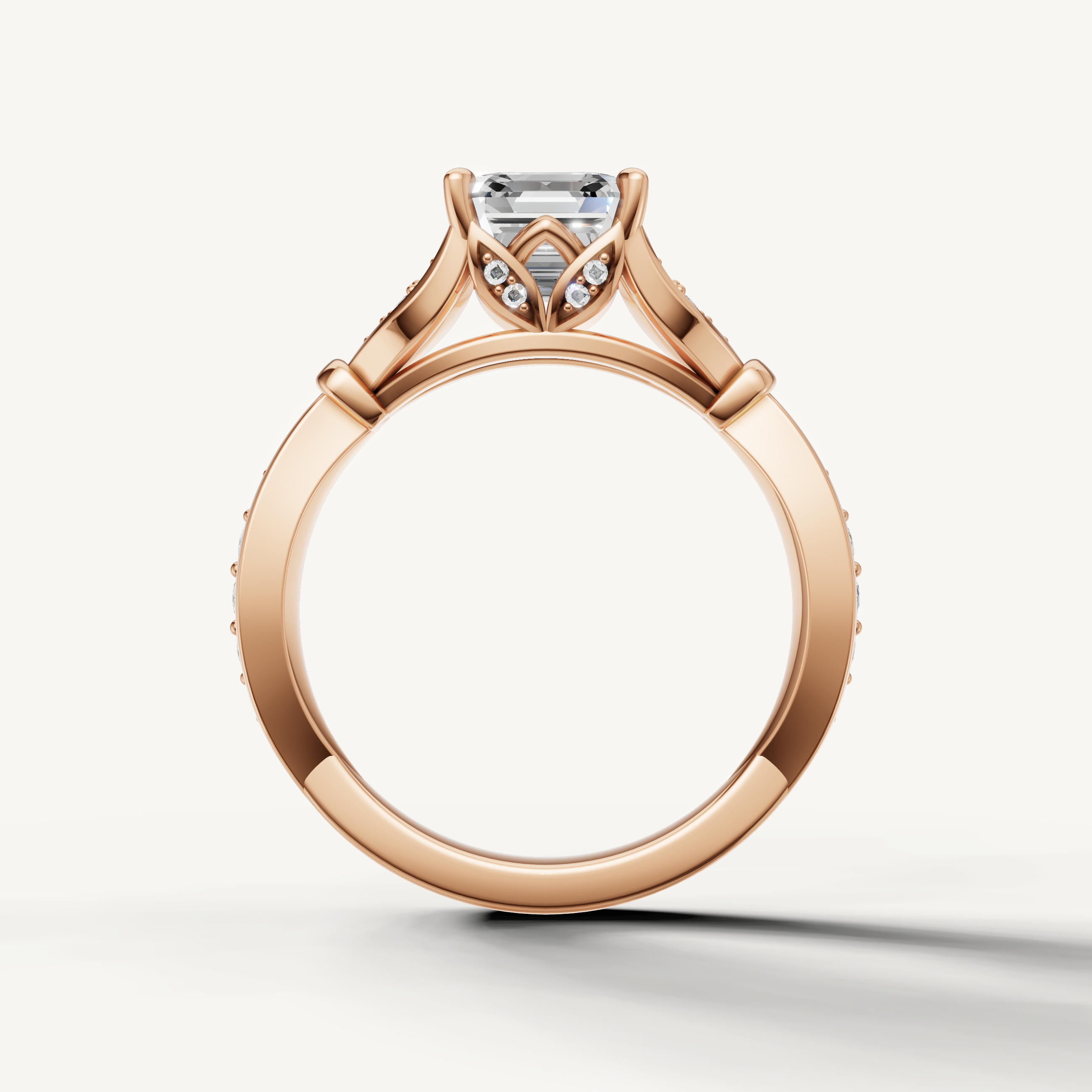 asscher cut lab grown diamond ring with knot design pavé band rose gold
