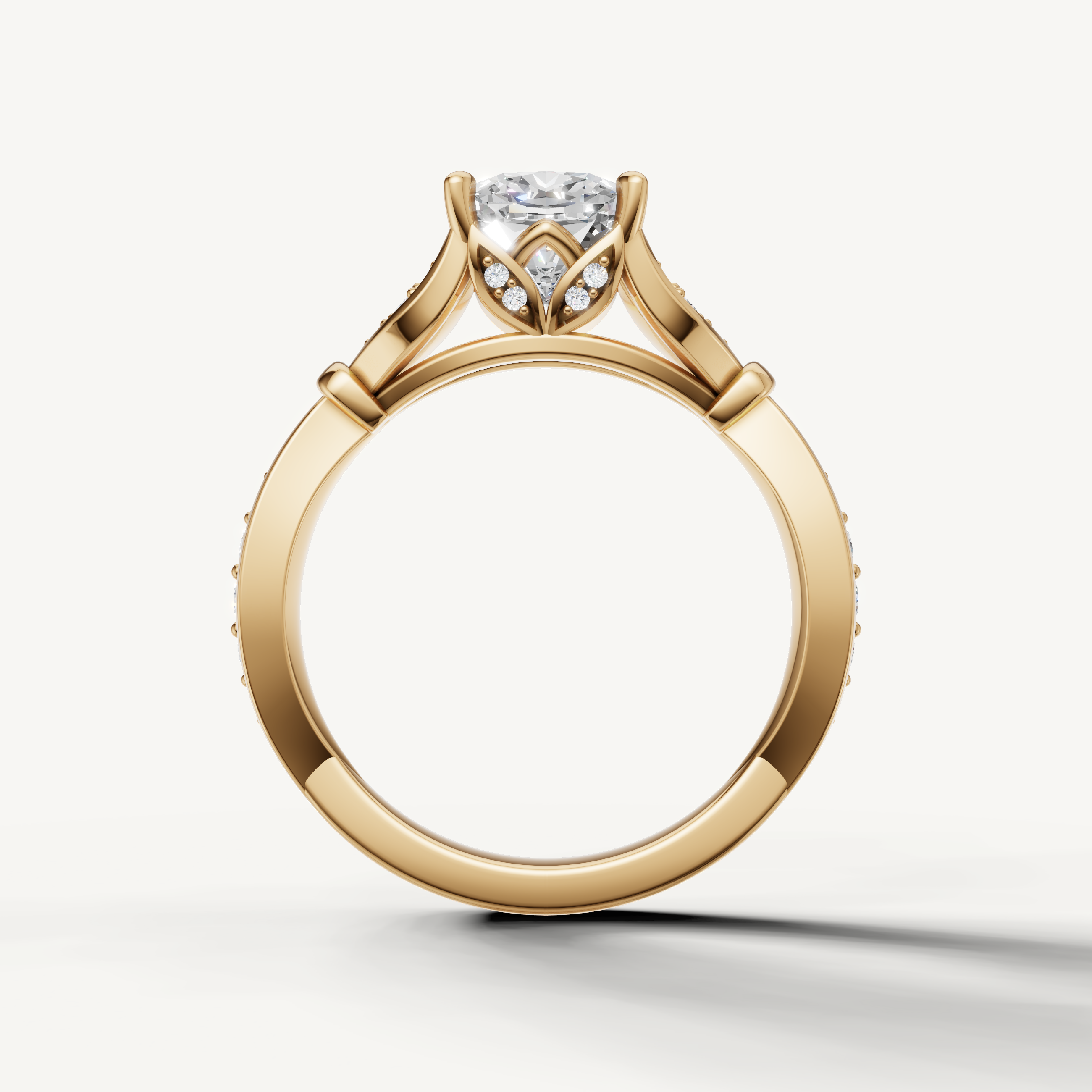 Raul Diamonds yellow gold cushion cut lab grown diamond engagement ring with romantic vintage inspired design